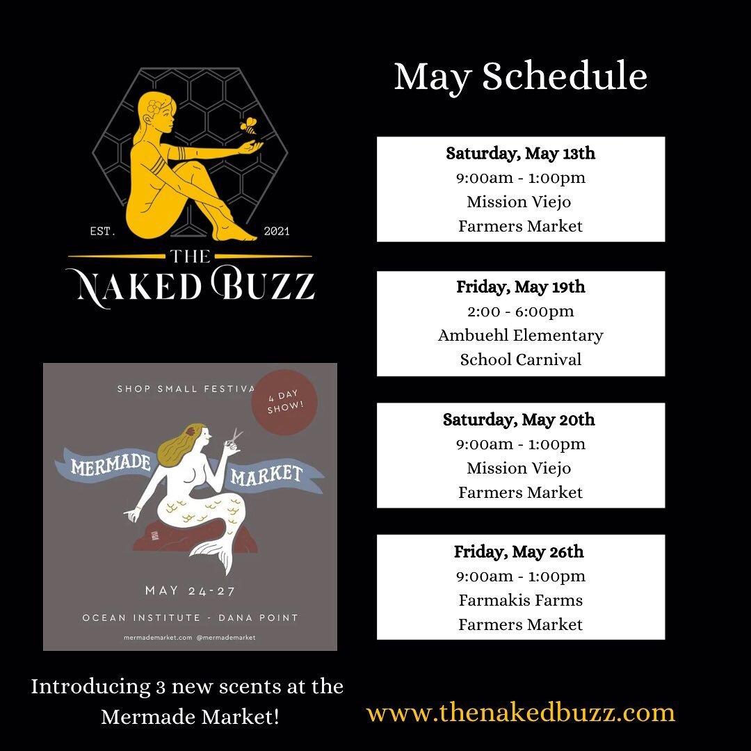 If you missed us today, here&rsquo;s where you can find us the rest of the month! 🐝

We have a handful of gift sets available for Mothers Day, plus all your favorite classic &amp; seasonal scents! Don&rsquo;t forget to grab an unscented, pure beeswa