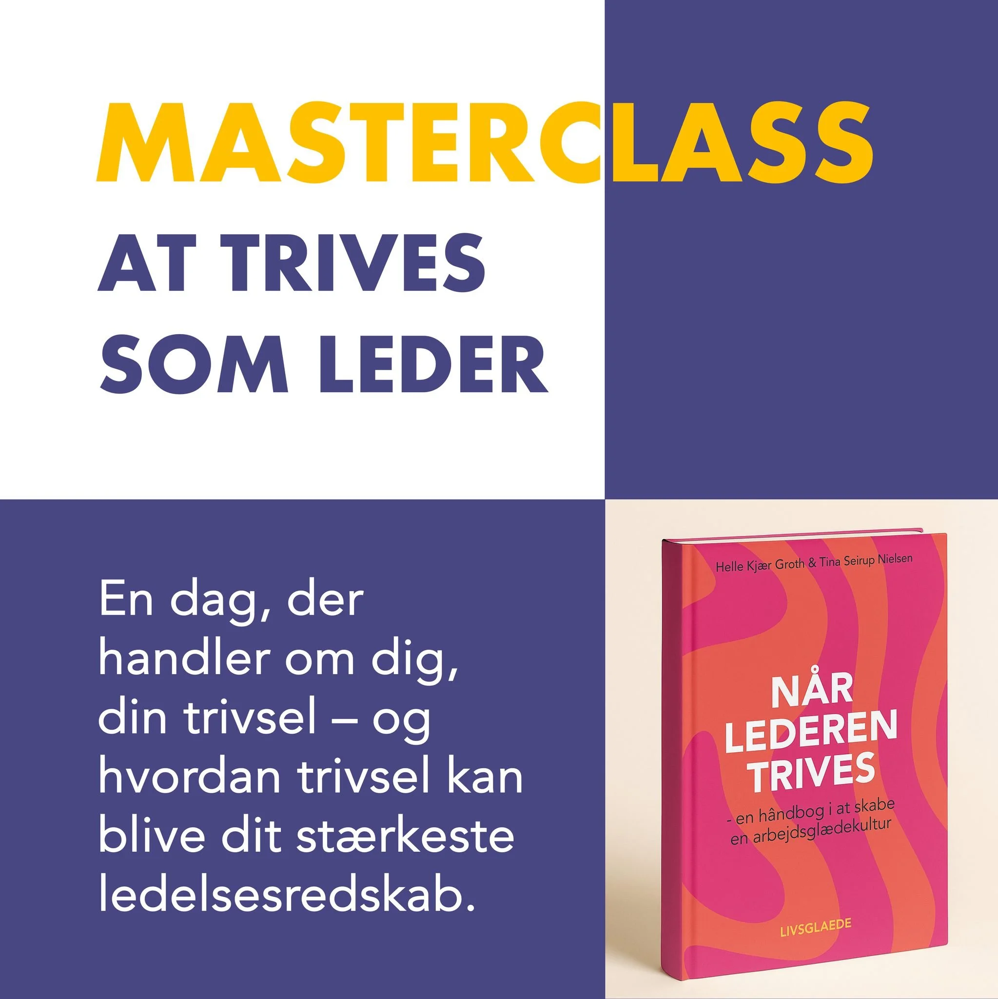MASTERCLASS BASERET PÅ BOGEN “NÅR LEDEREN TRIVES”
Som leder bruger du hver dag kræfter på at skabe rammer, løfte andre og sikre resultater. Men midt i alt det vigtige – glemmer du måske dig selv?