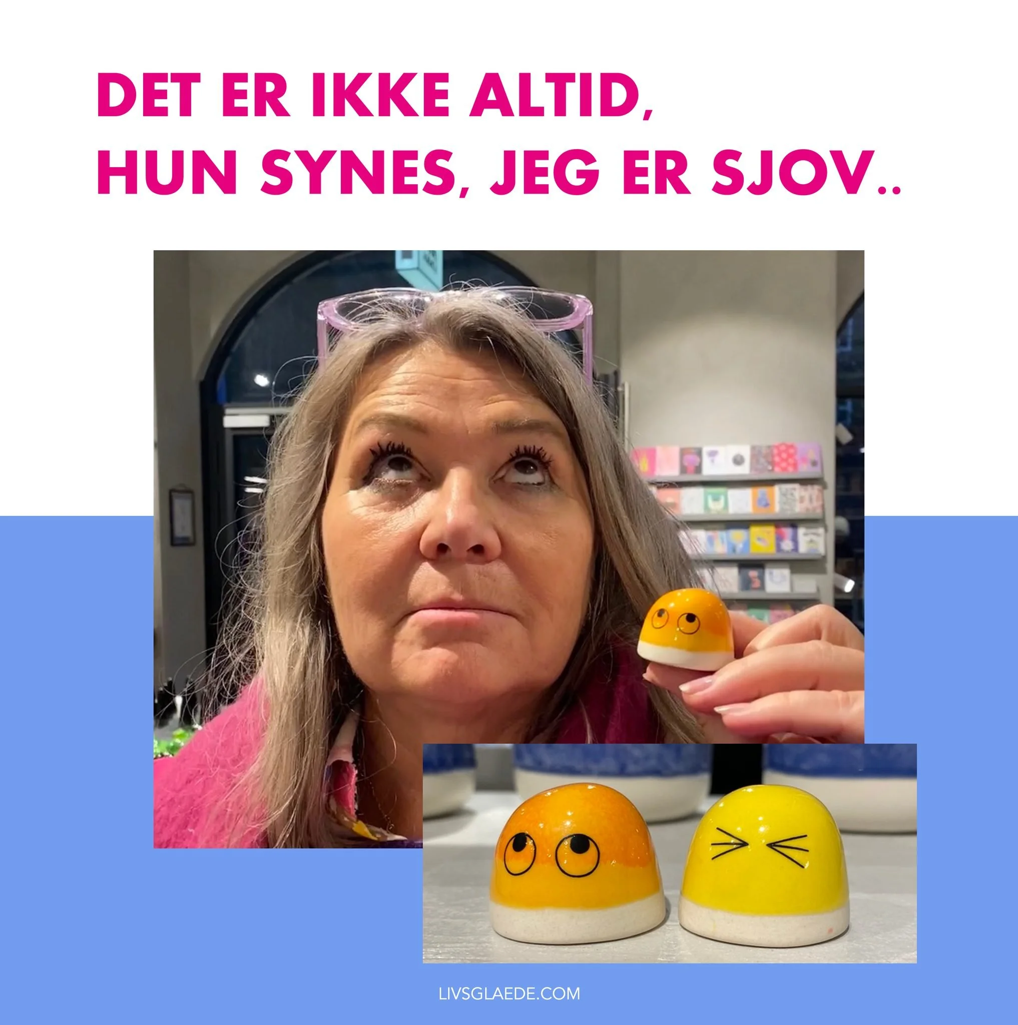 Efter et m&oslash;de for nylig gik vi tilf&aelig;ldigt ind i en keramikbutik og faldt over to sm&aring; figurer.

Den ene ruller med &oslash;jnene 🙄
Den anden er flad af grin 😆

Vi kiggede p&aring; hinanden og sagde med det samme:
&ldquo;Det d&eacu