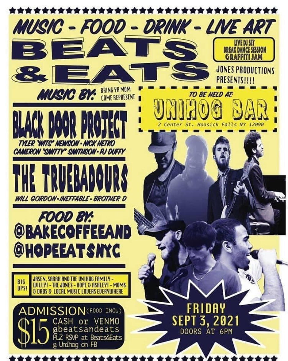 This Friday we&rsquo;ve got Beats and Eats, a killer event organized by our homie Gordon McQuerrey.  Starting at 6 a night of MCs, jams, funky kitchen treats and you fav Unihog staff @muertedoll and @crazycatdisco being as entertaining as ever behind