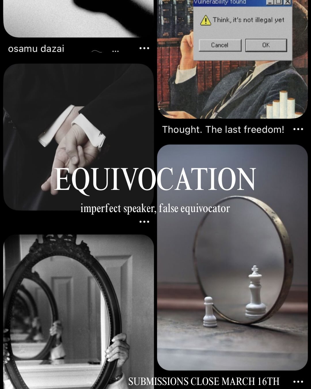 Submissions are OPEN for edition 7, EQUIVOCATION.

Guidelines are available on our website. 
@izzie_graphs has designed a Pinterest board for inspiring your lovely poetry, prose, photography and artwork. 

Thank you for all the submissions we have re