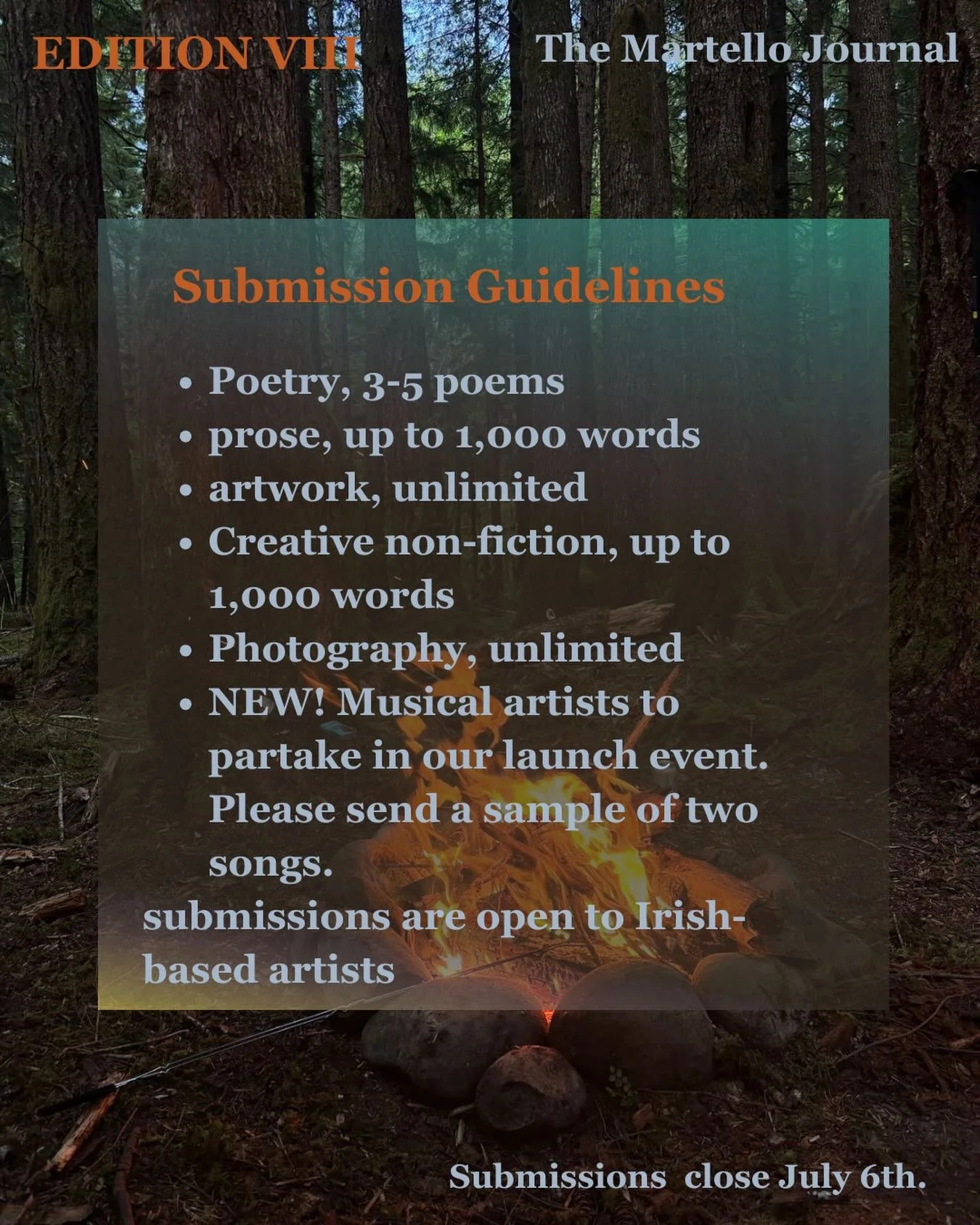 CAMPFIRE STORIES 

A few changes to our submissions this time round! We can&rsquo;t wait to see what you come up with. 

Le gr&aacute;, 
&Uacute;na Agus Jack