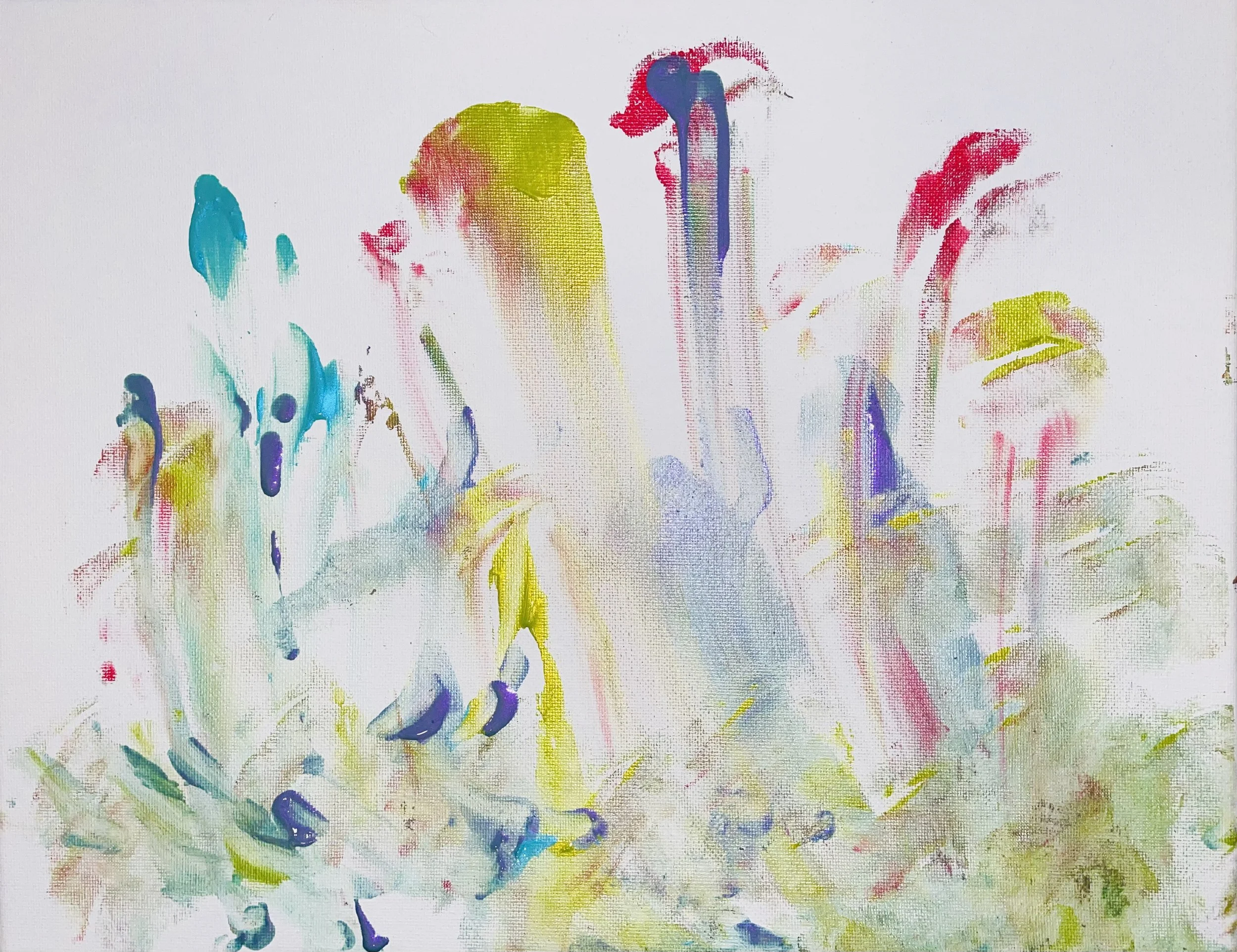 "Sea Creatures": streaks of green, blue, red, purple paint form sea dragons rising from the ocean.