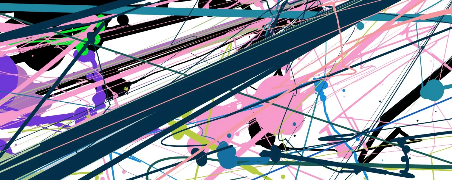 "Pink & Black": digital composition drawn with Rob's eyes. Navy blue lines slash through a rectangle, with smaller lines in pink, brown and black. Pink, purple and blue blobs populate throughout.