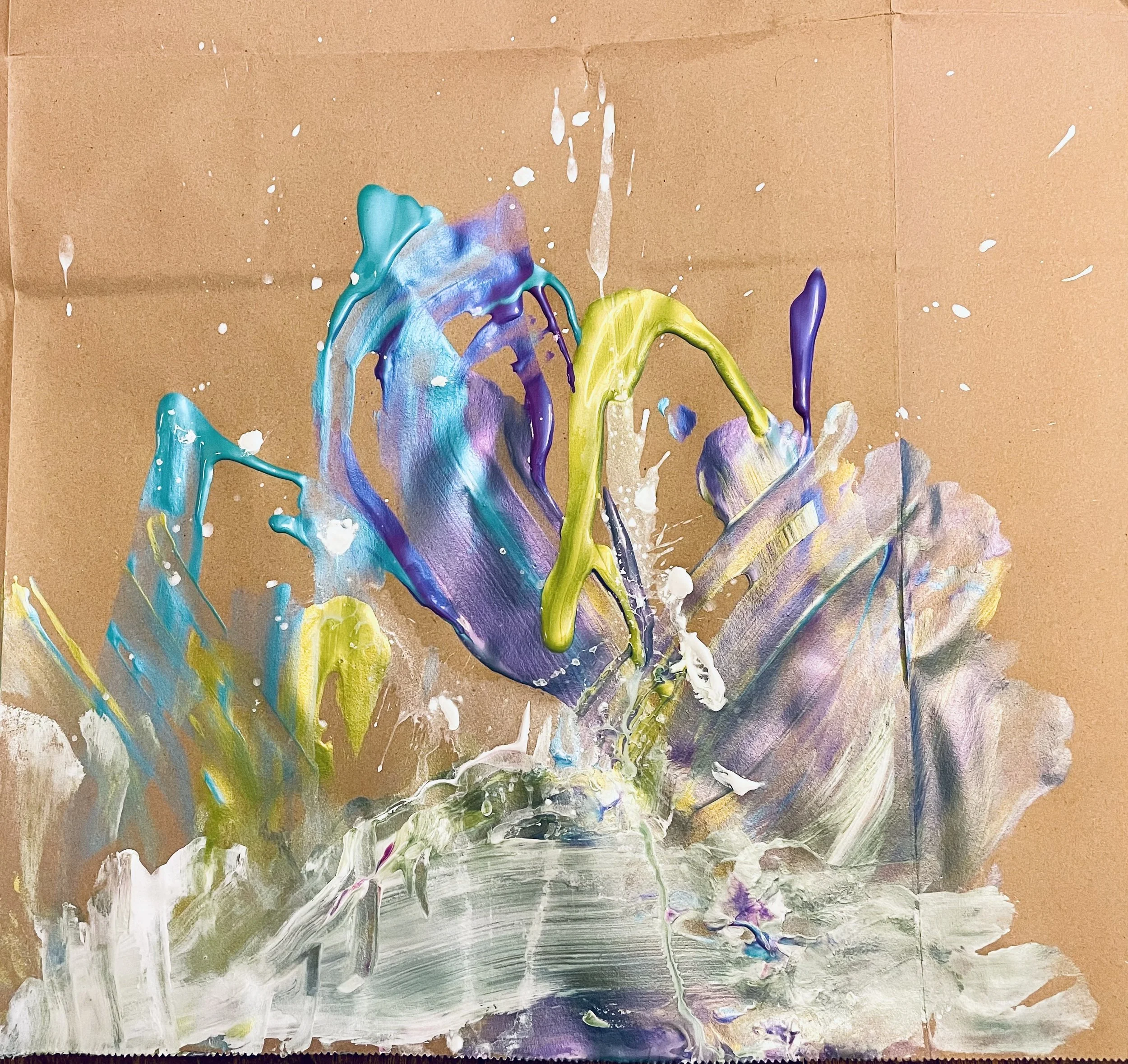 "Mountains": arcs of metallic turquoise, chartreuse, purple and silver paint on a brown background.