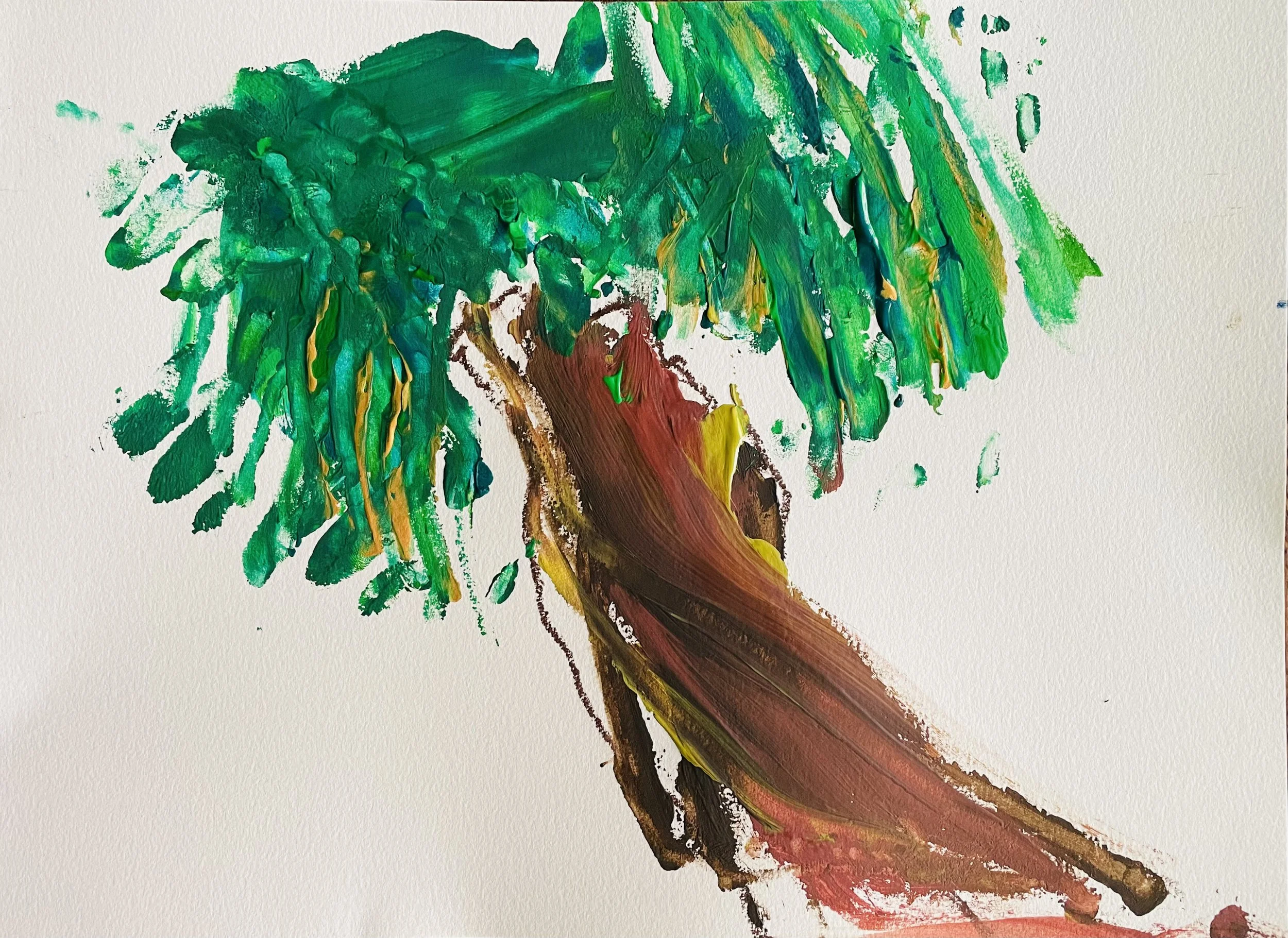 "Tree of Life": dark brown lines form a tree trunk with dark green lines of paint forming the leaf canopy.