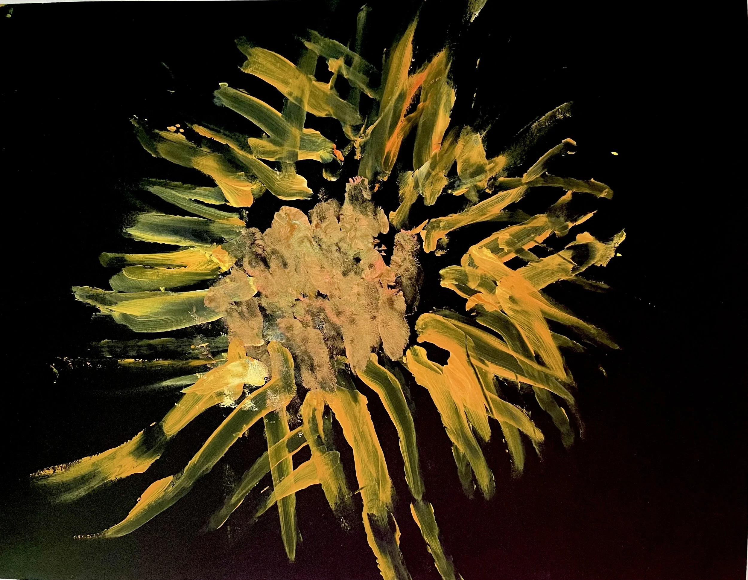 "Sunflower": streaks of orange & yellow in varied tones form the petals of the flower. The center is dark peach dots.