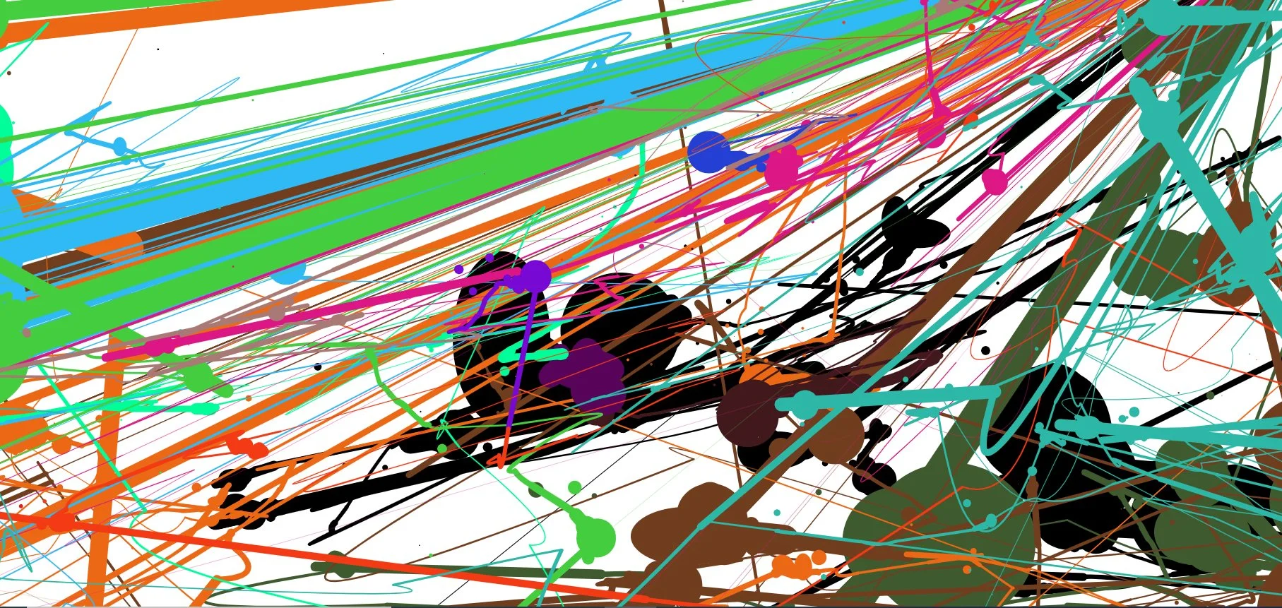 "Ragnarock": image created using Rob's eyes and digital technology. Rainbow lines move from right corner to left bottom corner, and blobs of black and brown underneath.