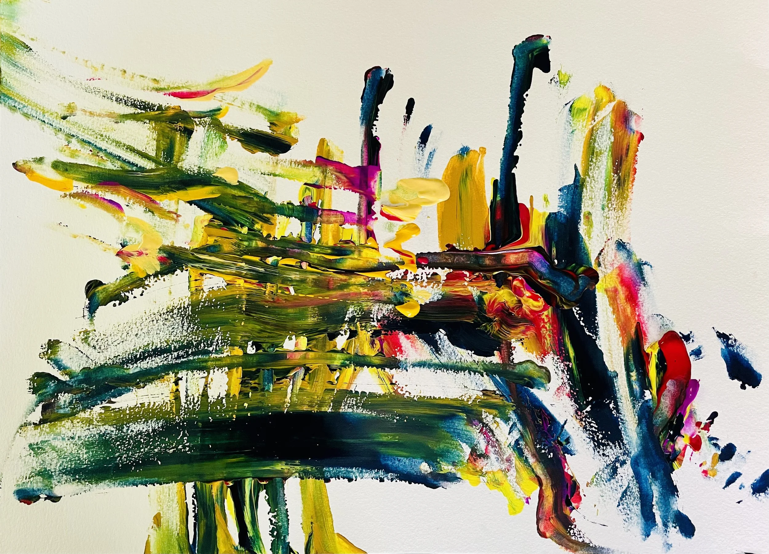 "Metro Area": dark slashes of paint cross-hatch in dark blues, dark greens, yellows and oranges.