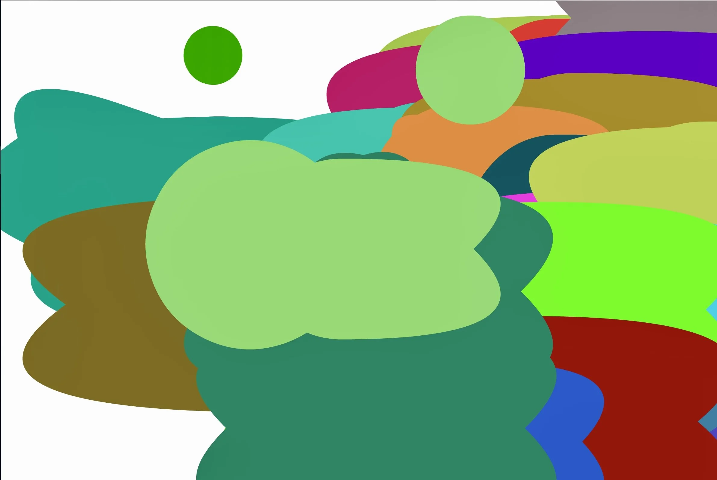 "Summer Afternoon": drawn with Rob's eyes and digital technology--ovoid and circle shapes in greens, browns and dark red.