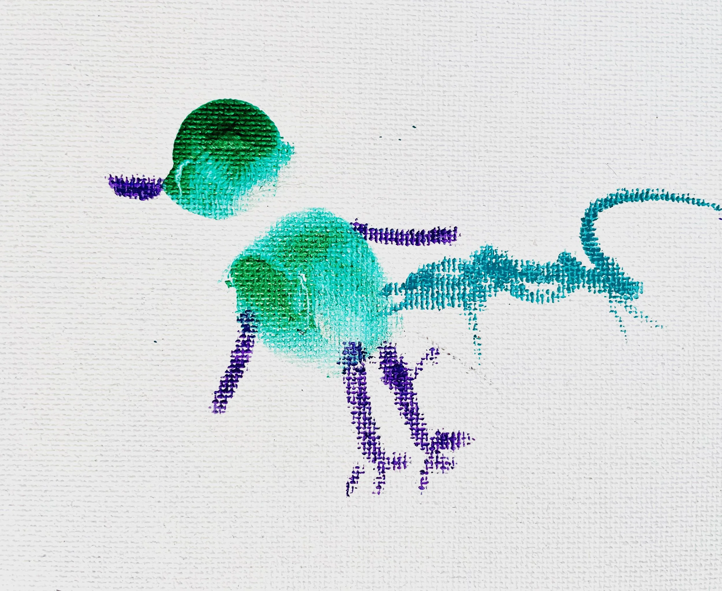 "Bird of Paradise": Rob's thumb prints in shades of turquoise and green form a bird with purple legs and wings and a blue tail.