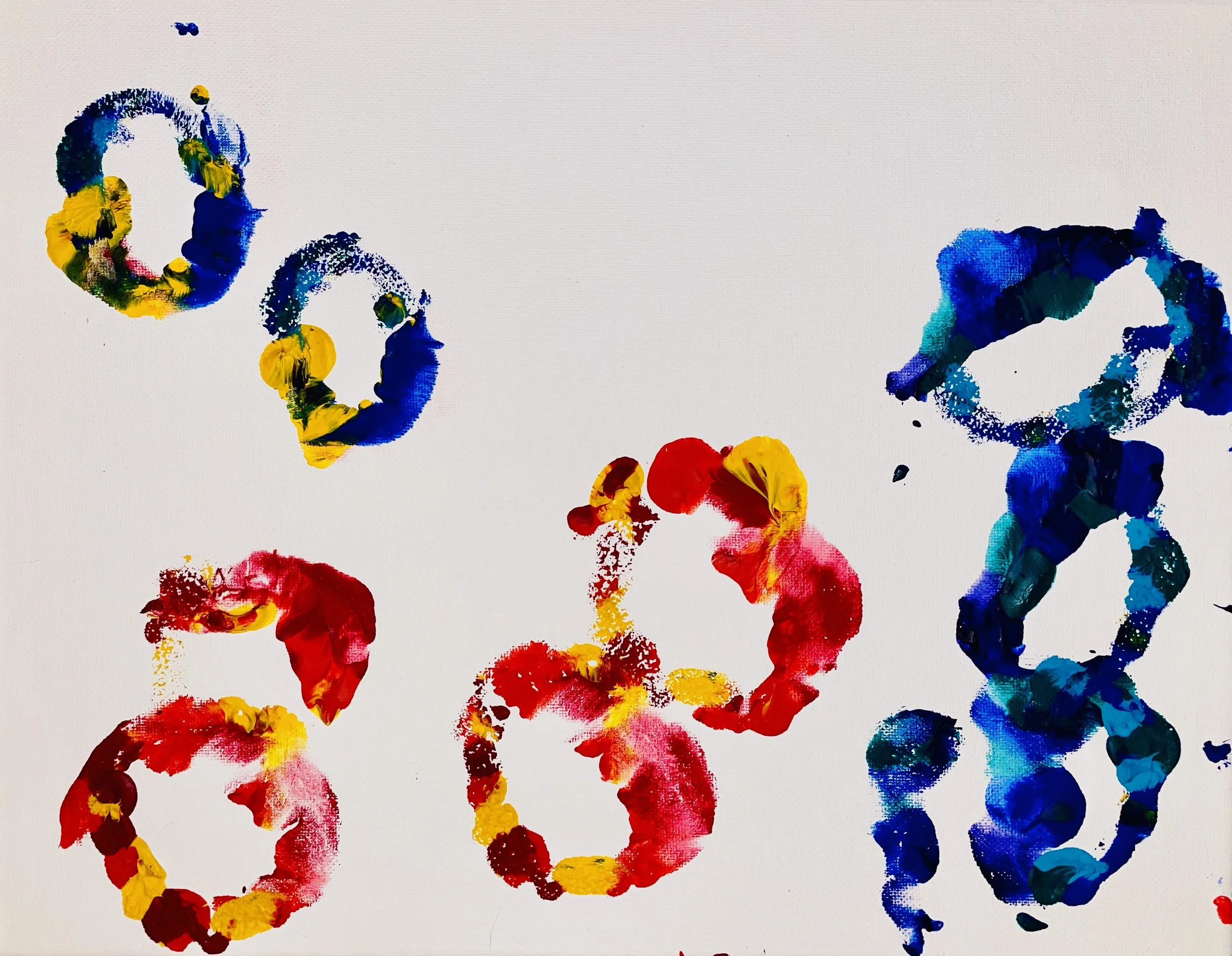 "Donuts": red/yellow and blue/yellow circles made with the edge of a curved hand.