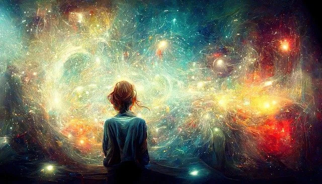 A person with shoulder-length hair is sitting and looking at a vibrant, colorful galaxy and star field with swirling clouds of light and cosmic objects.