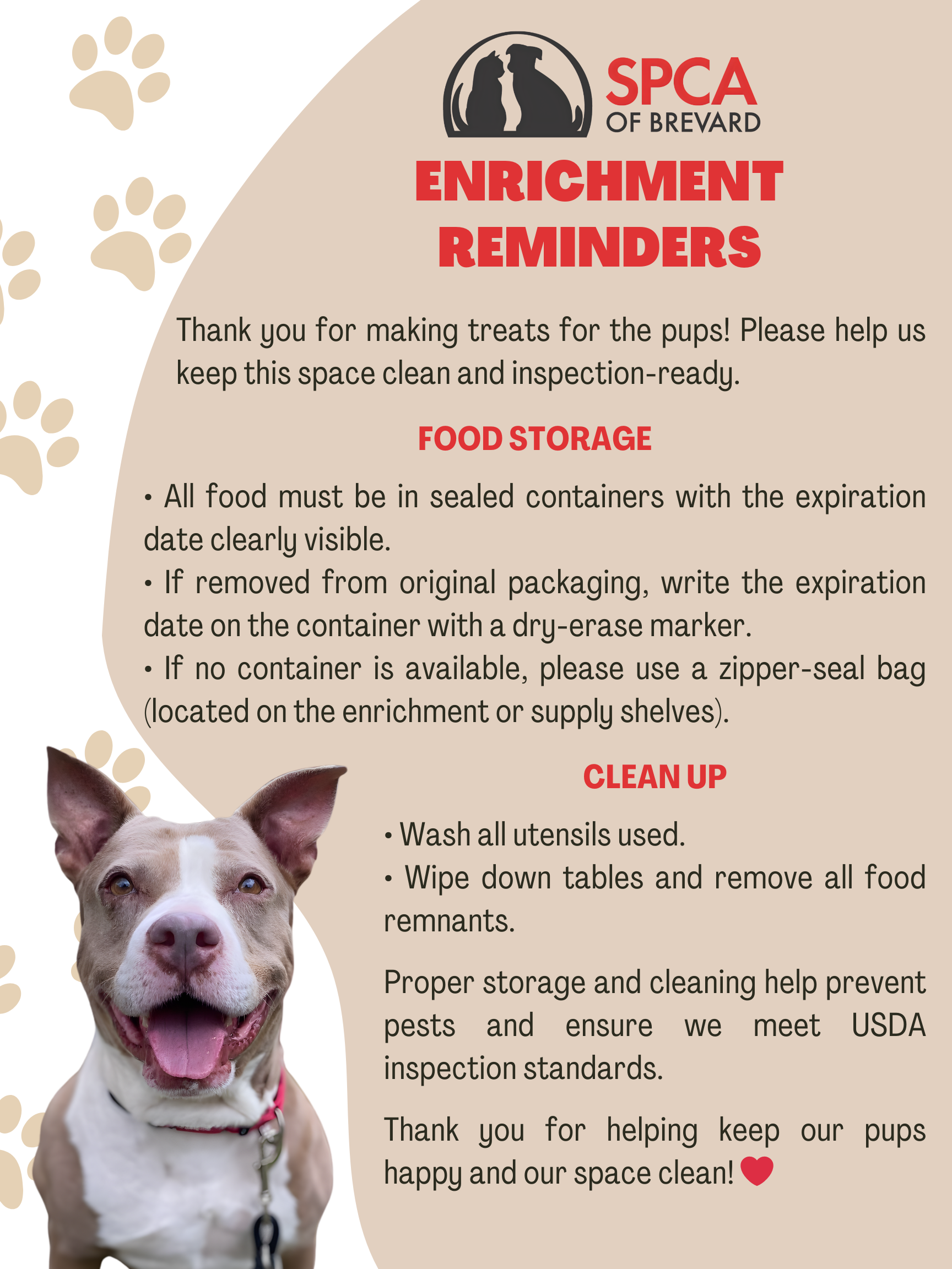 A poster from the SPCA of Brevard with enrichment reminders for keeping areas clean for pups, featuring a photo of a smiling, tan and white dog with ears up and tongue out.