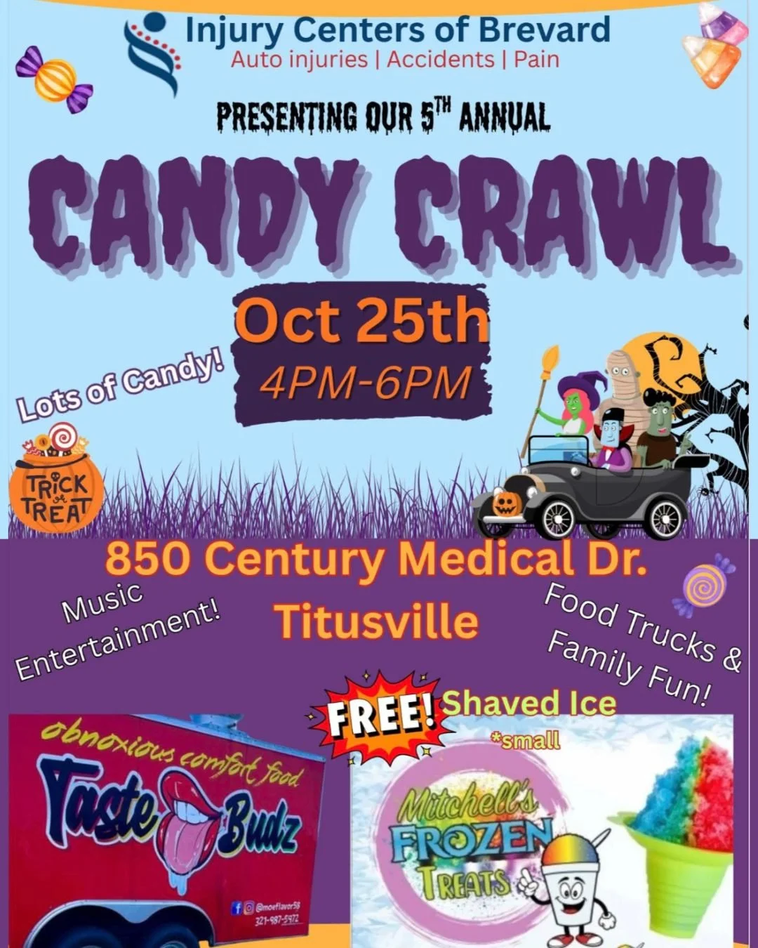 👻 THIS WEEKEND 👻
Come enjoy a community trunk or treat with candy, food trucks, and free Kona Ice,  thanks to our friends at Injury Center of Brevard! We will also be bring some adoptable dogs. 
📆 Saturday, October 25th
🕰 4 PM-6 PM
📍Injury Cen