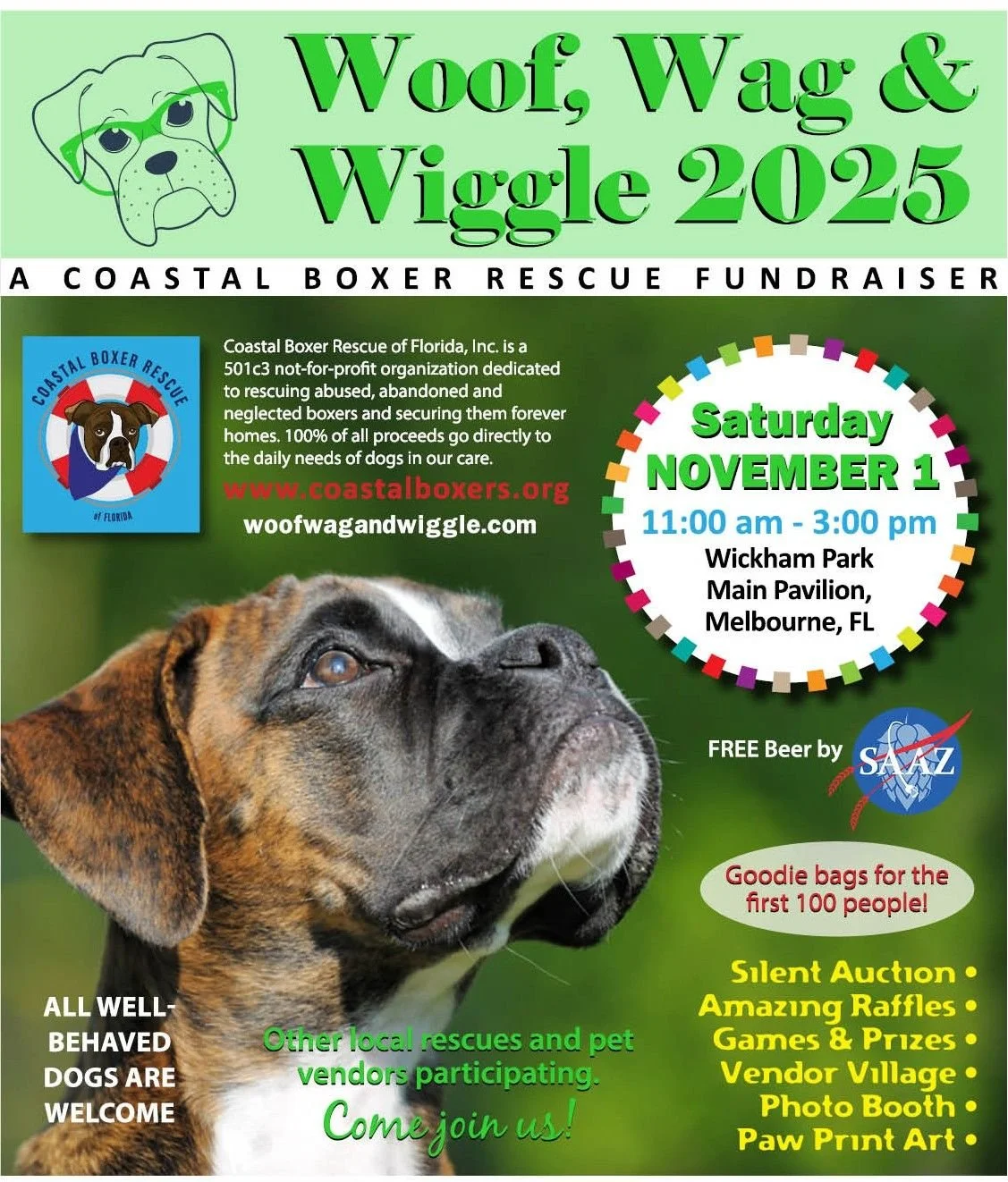 Join us this weekend for @coastal_boxer_rescue  14th Annual Woof, Wag, &amp; Wiggle event this Saturday, November 1st from 11AM-3PM at Wickham Park in Melbourne! 

We will be bringing some adoptable dog but there will also be: 

🐾 Free beer tasting 