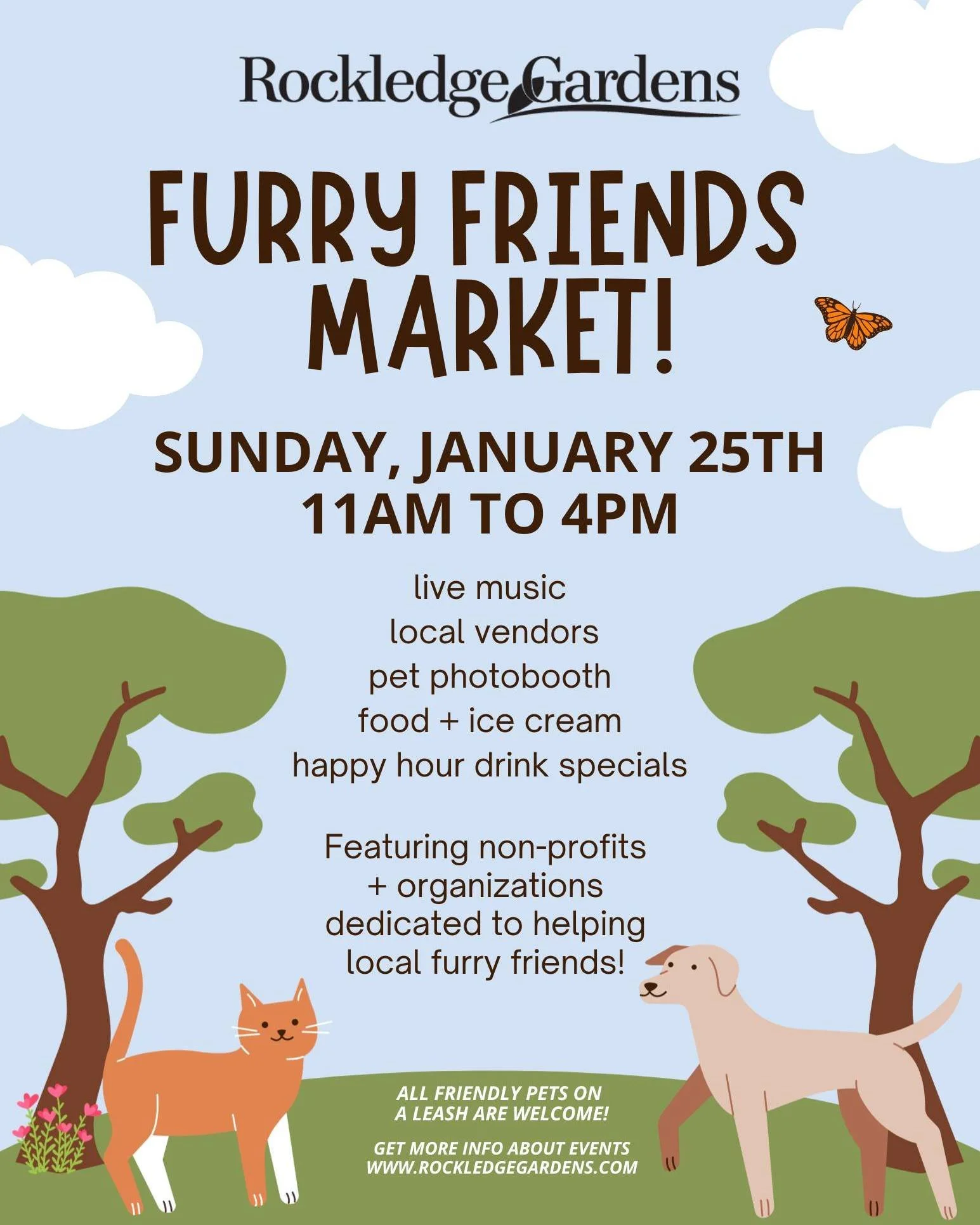 Frolic around Rockledge Gardens with adoptable pets? We are so there! 

Join us at Rockledge Gardens for live music, local vendors,  non-profits/organizations dedicated to helping local furry friends, food and ice cream, happy hour drink specials, pe