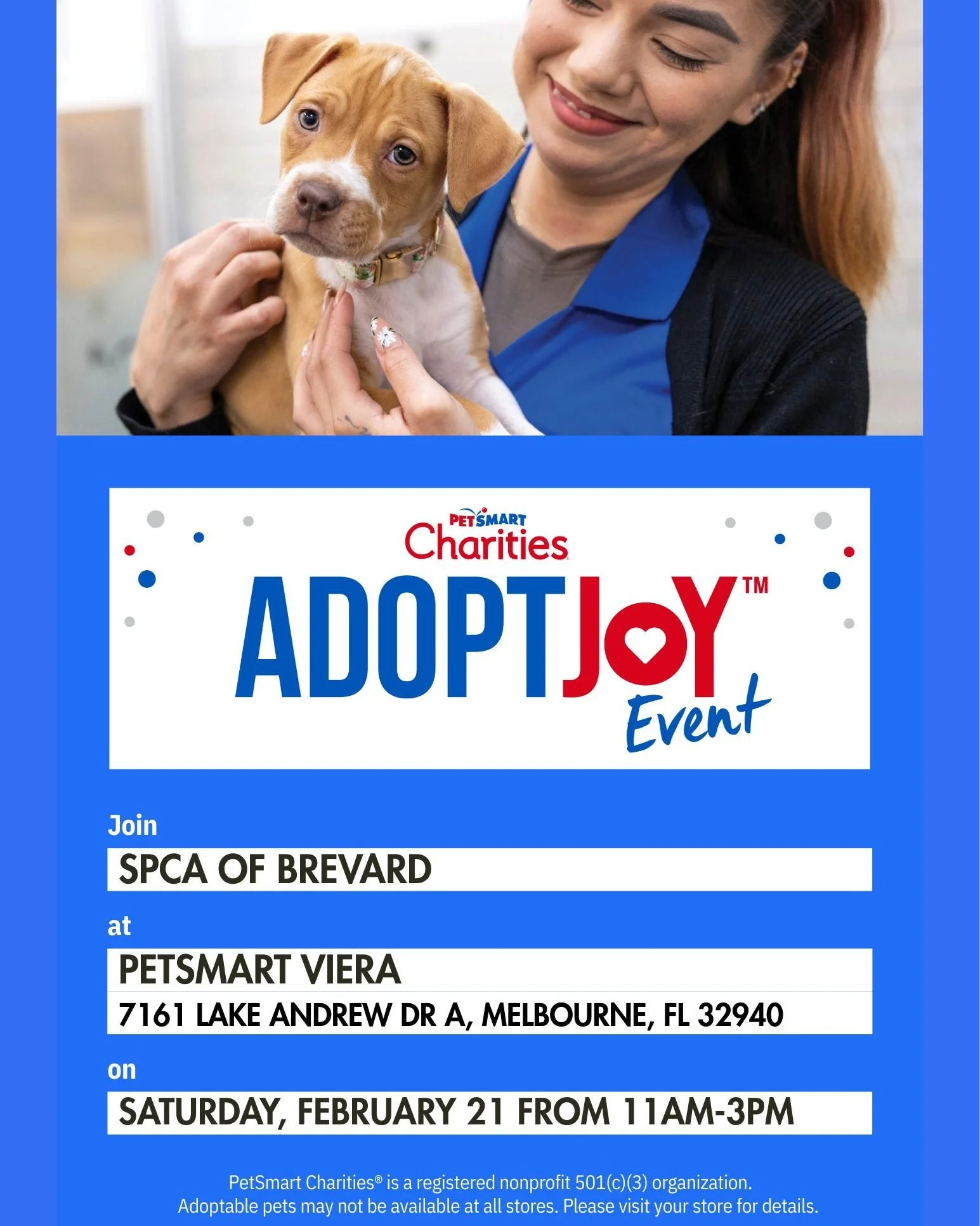 Join us at the Viera PetSmart on Saturday, February 21st from 11AM&ndash;3PM to meet some of our adoptable pets looking for families of their own. Come by, say hi, and maybe meet your new best friend!

📍Viera PetSmart - 7161 Lake Andrew Dr A, Melbou
