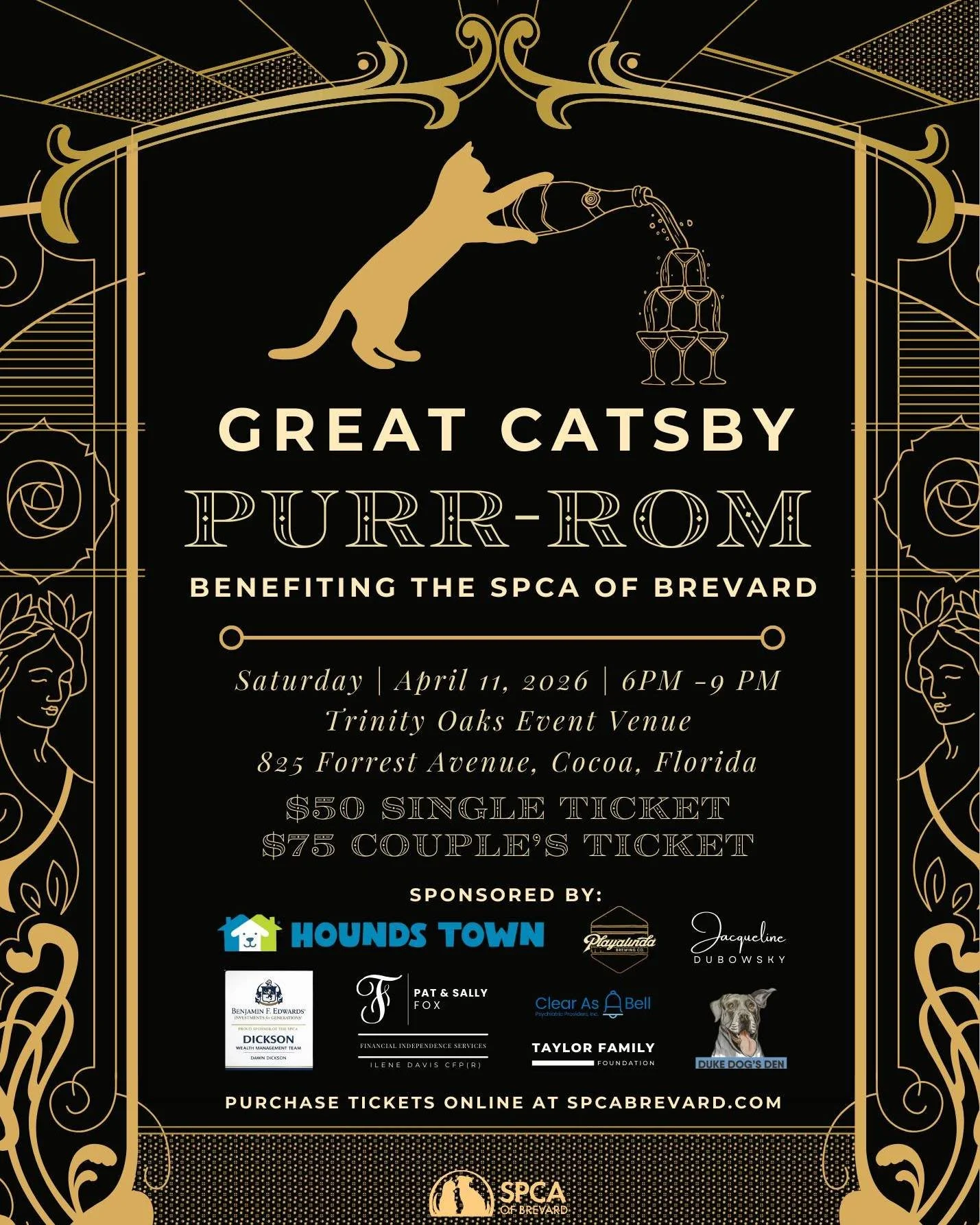 Step back in time and get ready for a night of glamour, glitz, and giving back! ✨🐾

The SPCA of Brevard is thrilled to bring back Purr-Rom in 2026 with an all-new theme: The Great Catsby. Slip into your finest 1920s-inspired attire, dust off those d