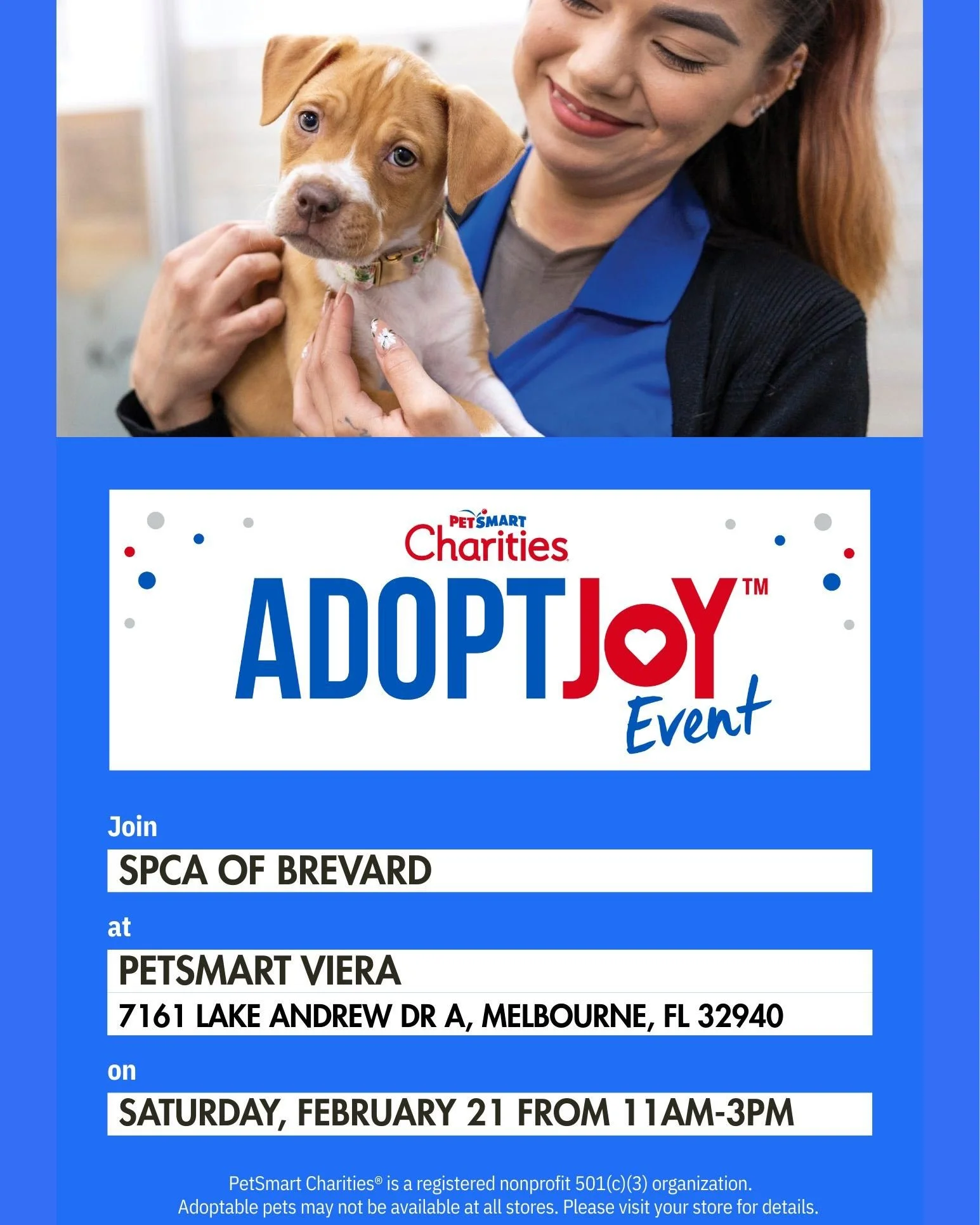 Join us at the Viera PetSmart this Saturday, February 21st from 11AM&ndash;3PM to meet some of our adoptable dogs looking for families of their own. Come by, say hi, and maybe meet your new best friend! 

📍Viera PetSmart - 7161 Lake Andrew Dr A, Mel