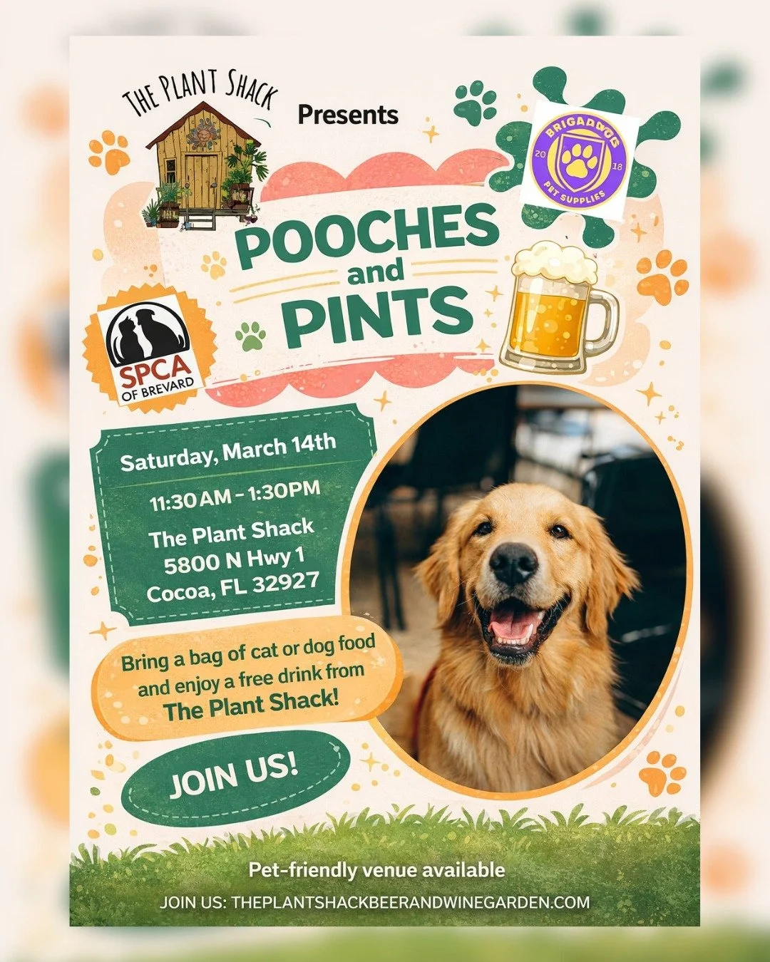 We're heading to The Plant Shack for Pooches &amp; Pints this Saturday, March 14th from 11:30AM-1:30PM. We'd love to see you there!

Come grab a cold one on the patio, bring your pup, and stop by our booth to meet adoptabel epts, visit the Brigdawg's