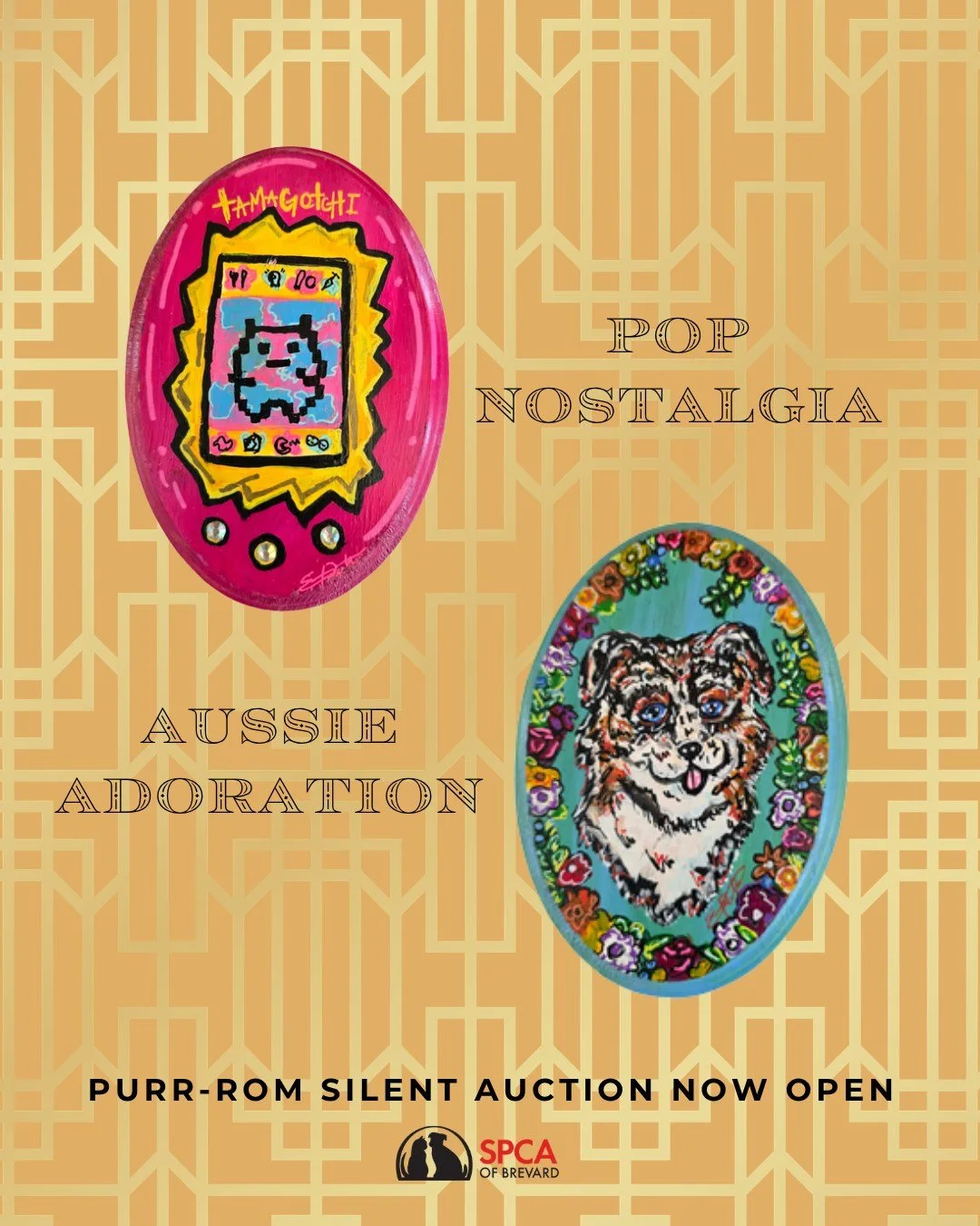 Have you taken a look at our Purr-rom silent auction yet!? 👀

You'll find wonderful items likes the two paintings. Local artist Erin Brock brings retro charm to life and spirit of an Australian Shepherd with these vibrant 5x7 paintings on wood. 

Yo