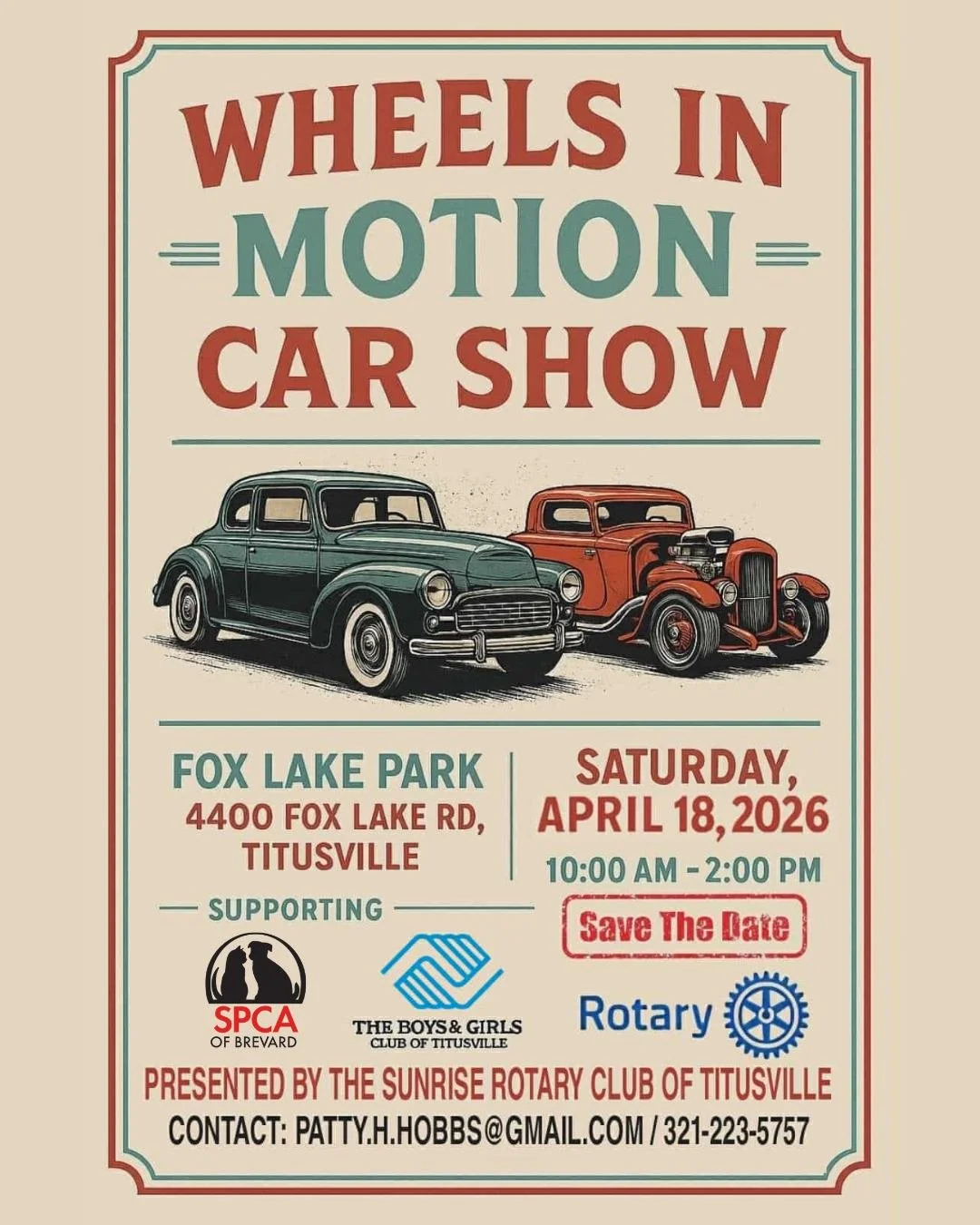 THIS WEEKEND! 🚗💨

The Sunrise Rotary Club of Titusville will be hosting their 5th Annual Wheels in Motion Car Show at Fox Lake Park in Titusville on Saturday, April 18th from 10AM-2PM. You aren't going to want to miss all the cars, live music, vend