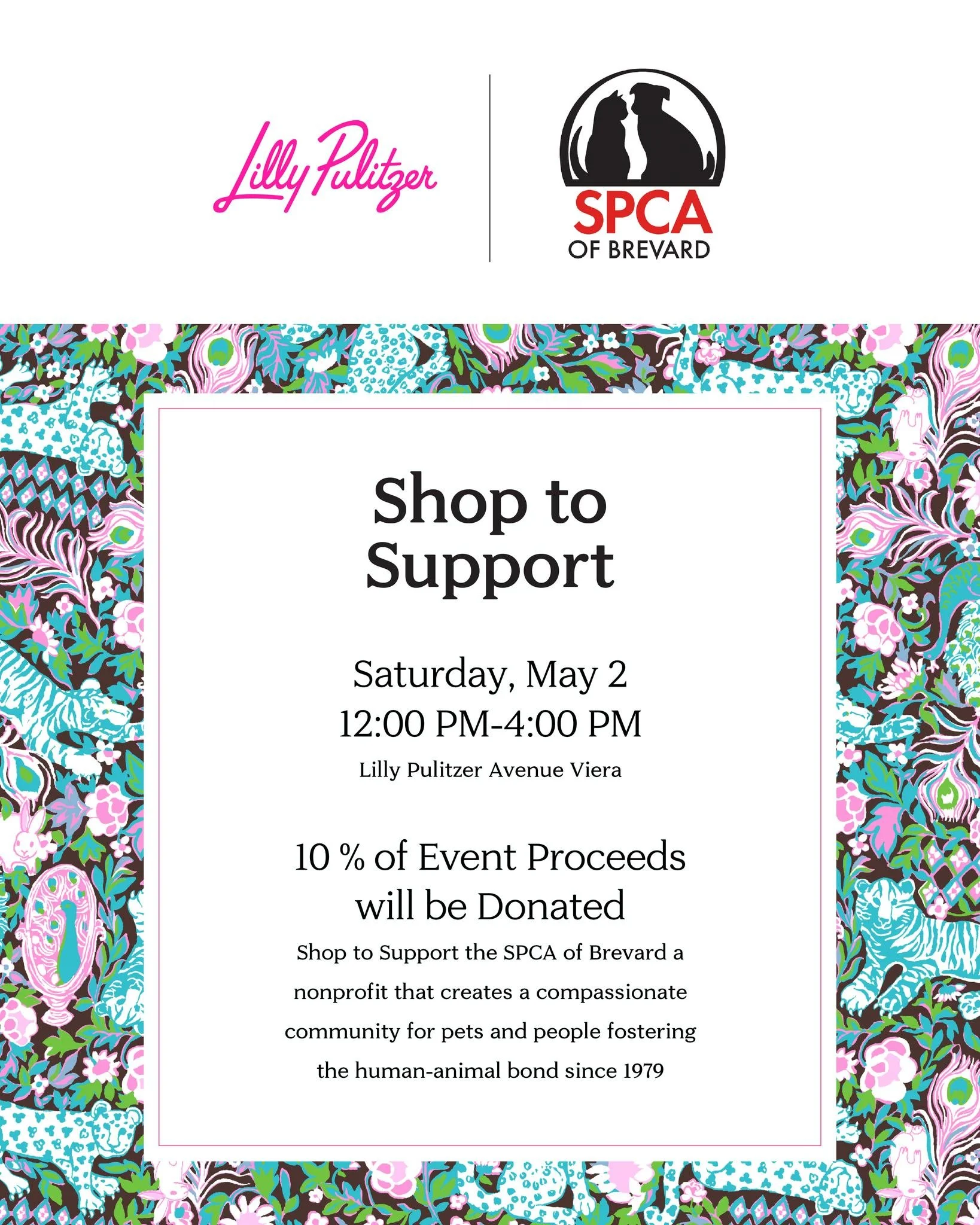 Shopping while supporting pets at the SPCA of Brevard? Sounds like the perfect day! 🐾

We are partnering with @lillypulitzer at the Avenues Viera for their Community Giving Event on Saturday, May 2nd from 12PM-4PM where 10% of event proceeds will be