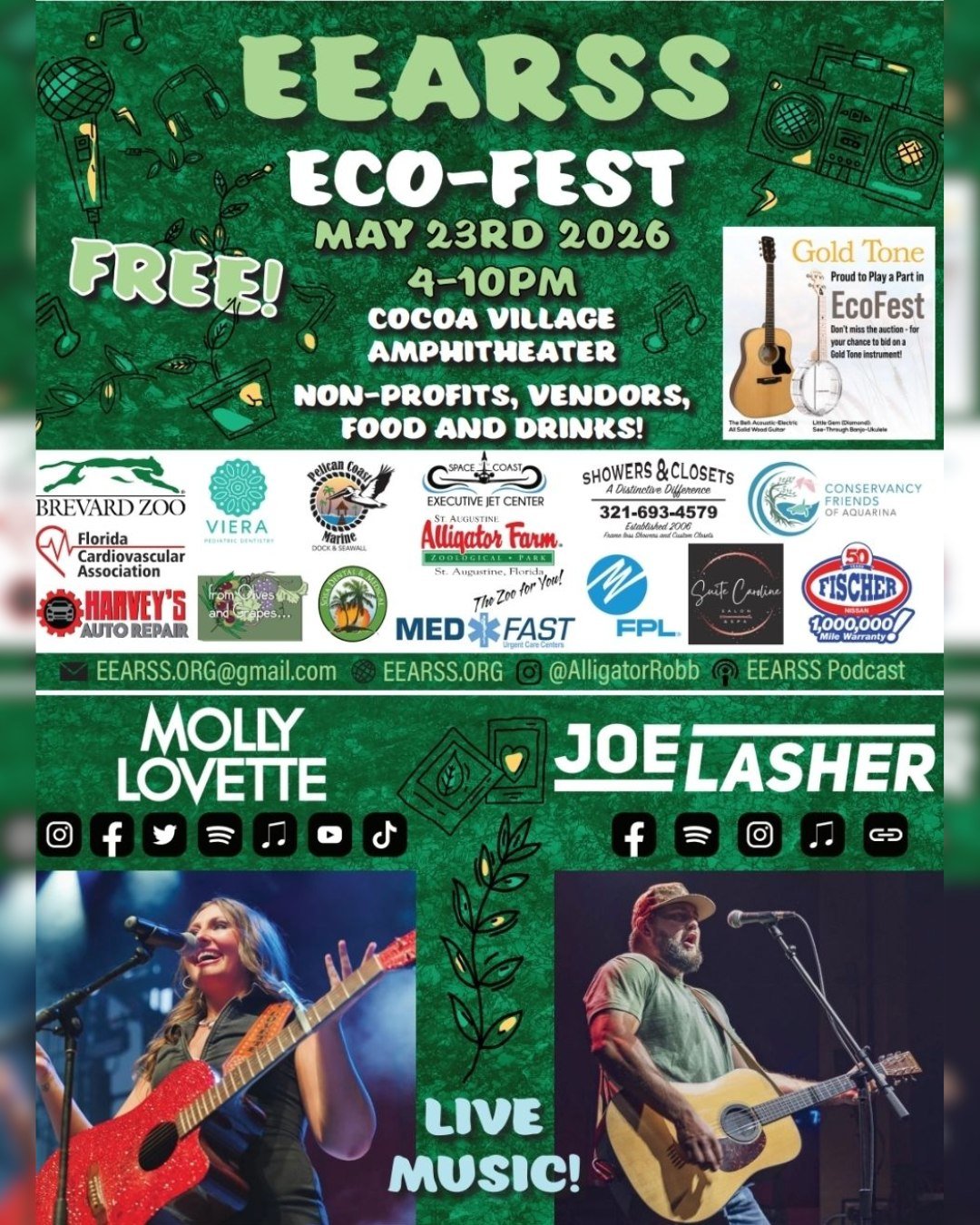 The 3rd  Annual EEARSS ECOFEST will be Saturday, May 23rd at Cocoa Village from 4PM-10PM. There will be vendors (nonprofits and local businesses), food and drinks, raffles, auctions, and live music by Molly Lovette and Joe Lasher. 

We hope to see yo