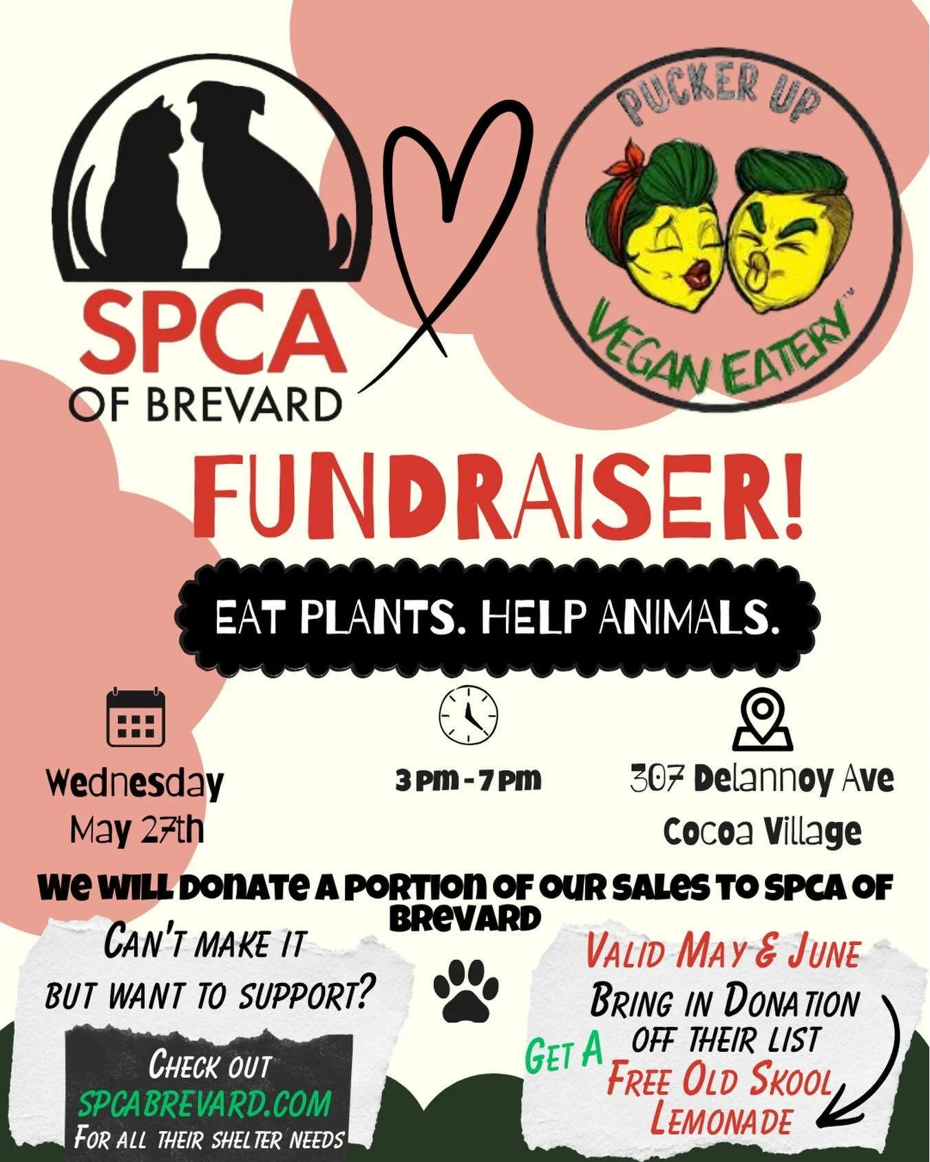💚 Today is the day! 💚 Come join our team at Pucker Up  Vegan Eatery from 3-7PM for some great food, amazing lemonades, and all for a great cause! We can't wait to see you! 🍋🥬🐶
