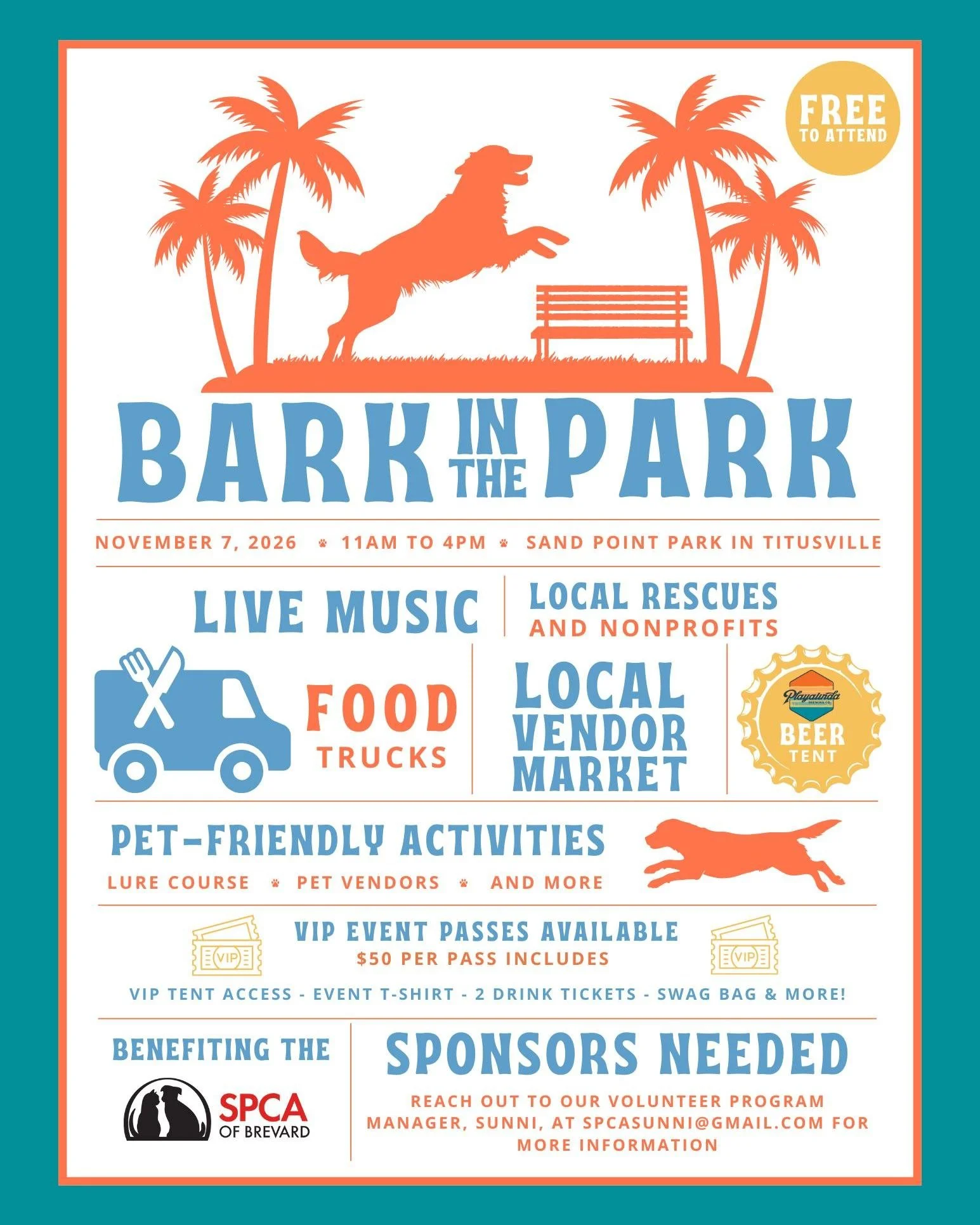 We are officially accepting sponsorships and vendor registrations for Bark in the Park 2026 benefiting the SPCA of Brevard! 🐾

Join us on November 7 at Sand Point Park for a fun-filled day featuring a beer garden from Playalinda Brewing Company, liv