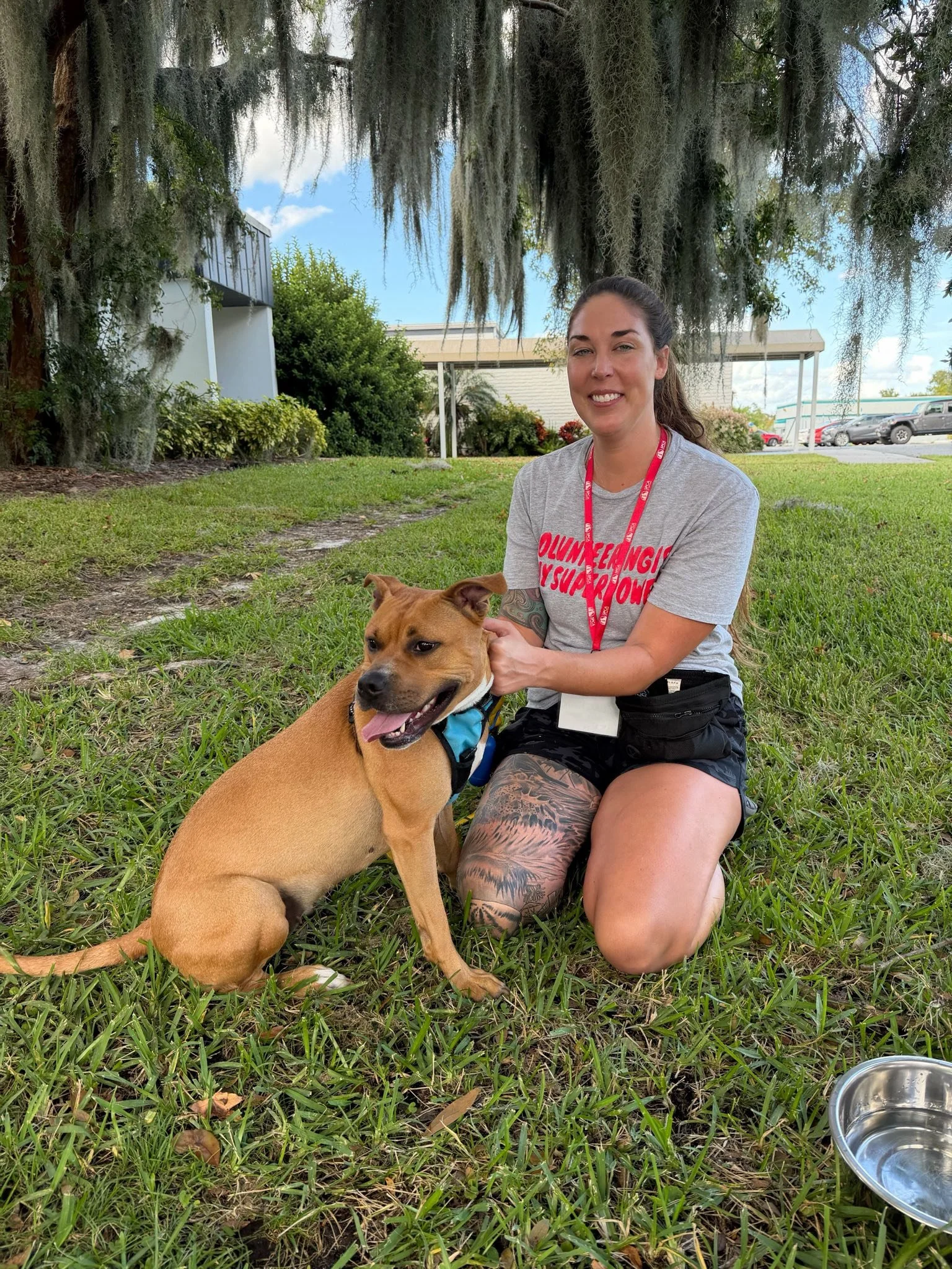 A woman kneeling on the grass smiling with a brown dog, outdoors under hanging moss trees with buildings and parked cars in the background.