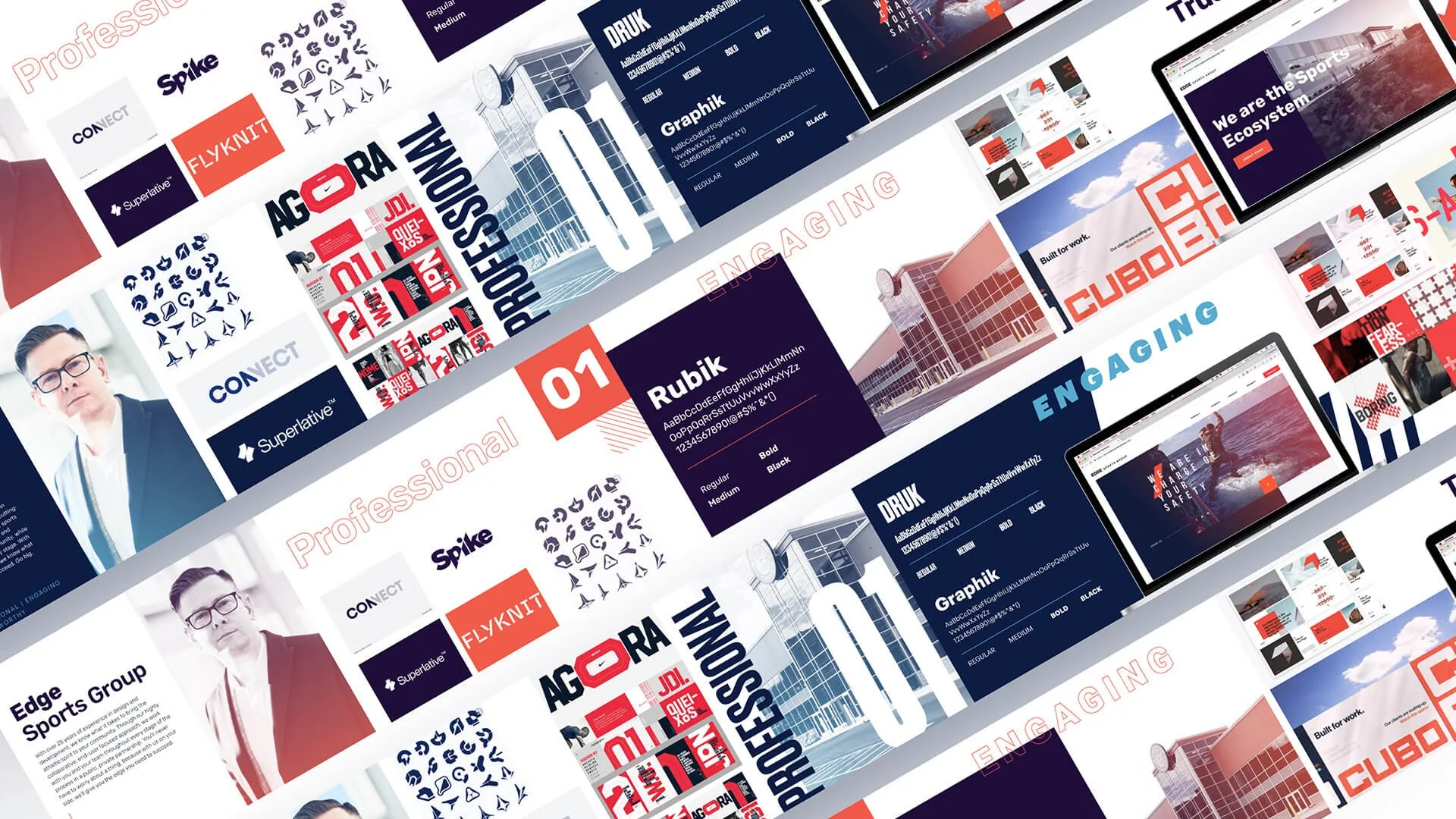 Collage of digital graphics displaying website designs, typography samples, and architectural images, with bold text and colorful layouts.