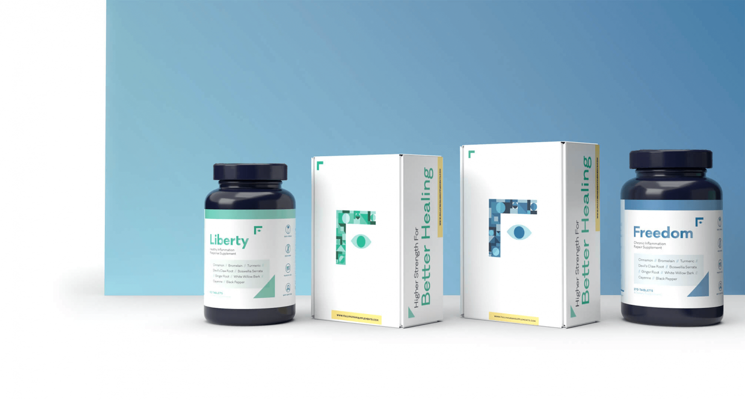 Two black bottles with green and blue labels and two white boxes with green and blue text and designs, set against a gradient blue background.