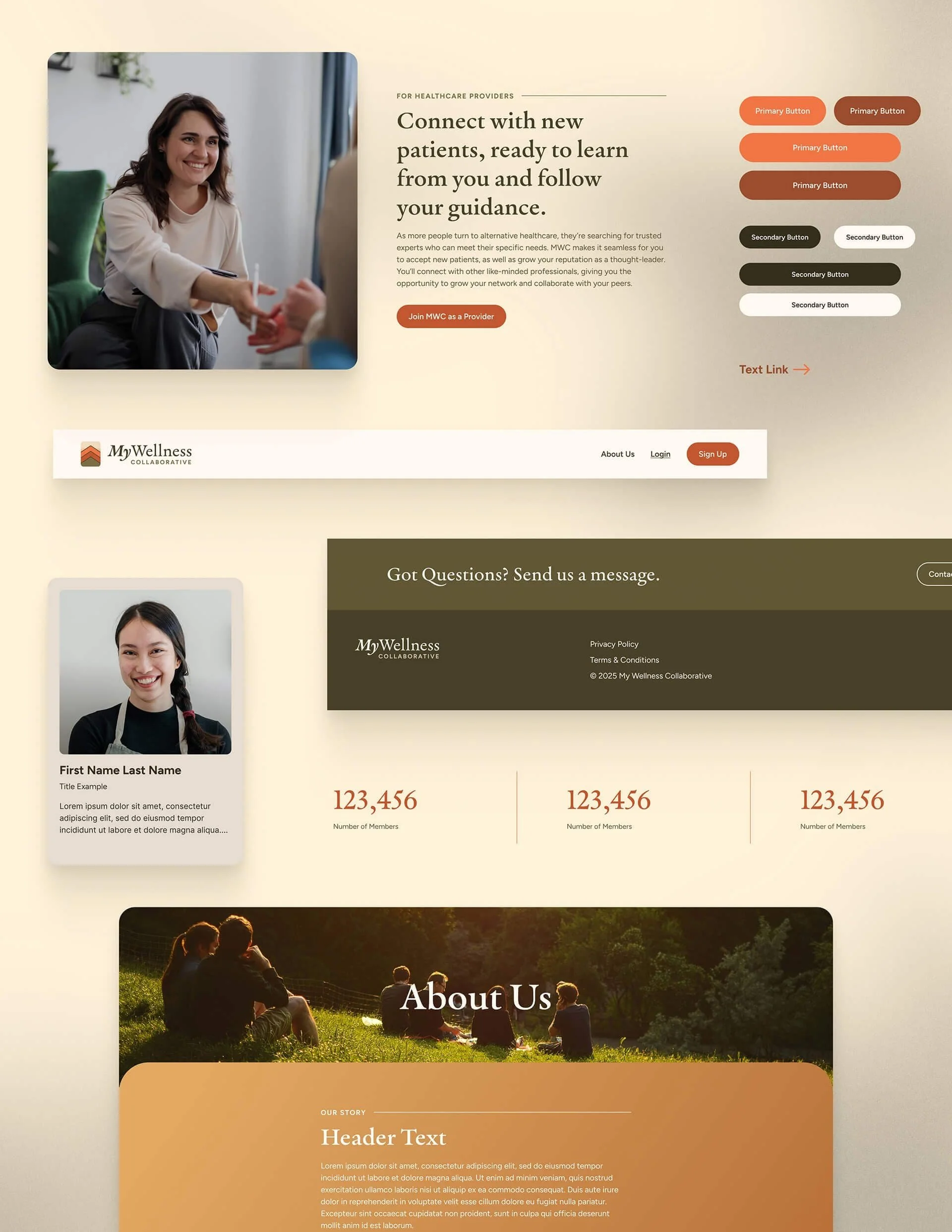 Website design mockup with a wellness theme, images, info cards, navigation, and an About Us section for a startup website design system.