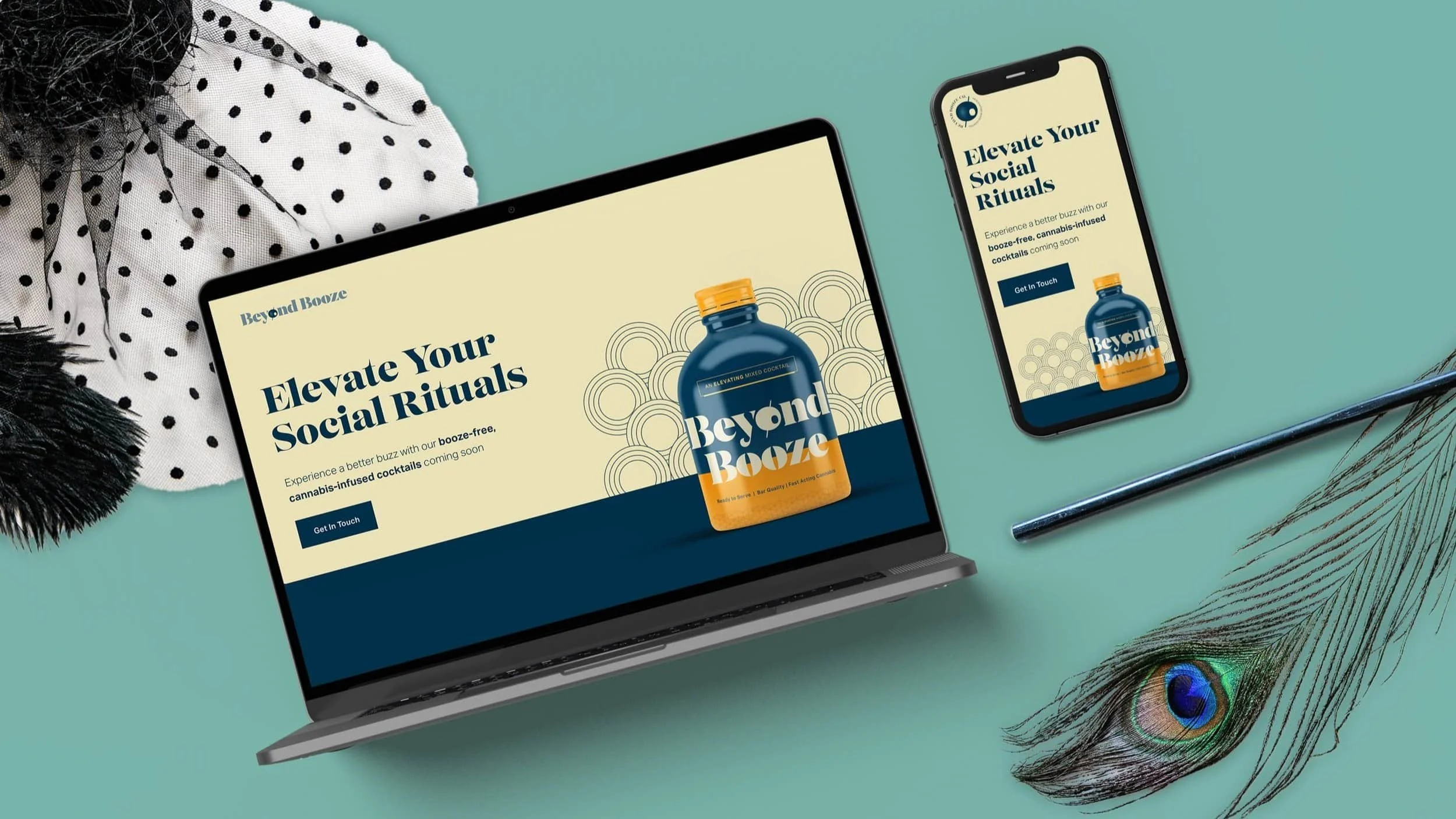 Beyond Booze website mockup on devices, showcasing cannabis brand and website design with teal and gold cocktail-inspired visuals.