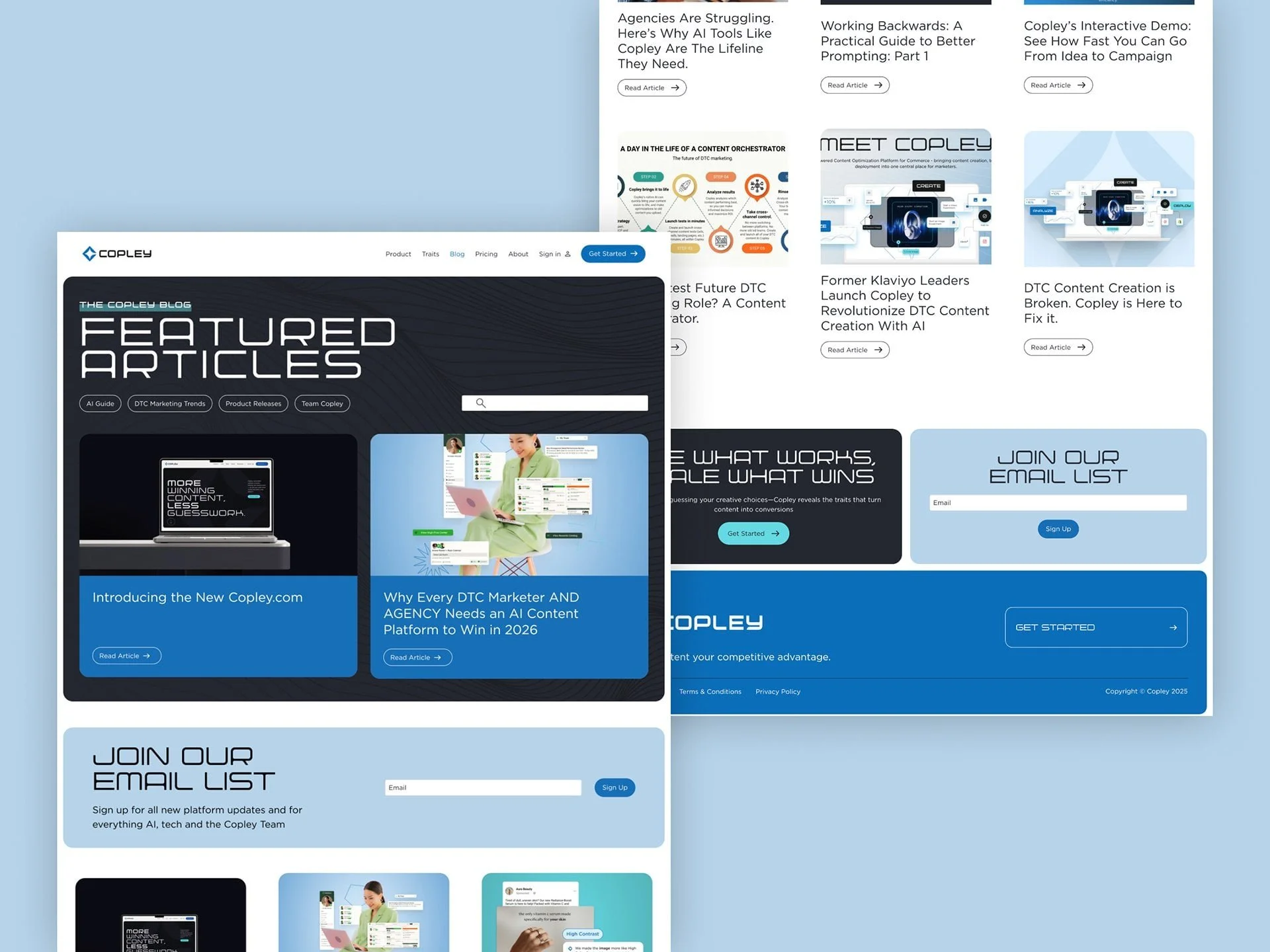 A collage of various webpage screens of the Copley website showcasing articles, blogs, subscription sign-ups, and digital content related to AI, content creation, and digital marketing trends.