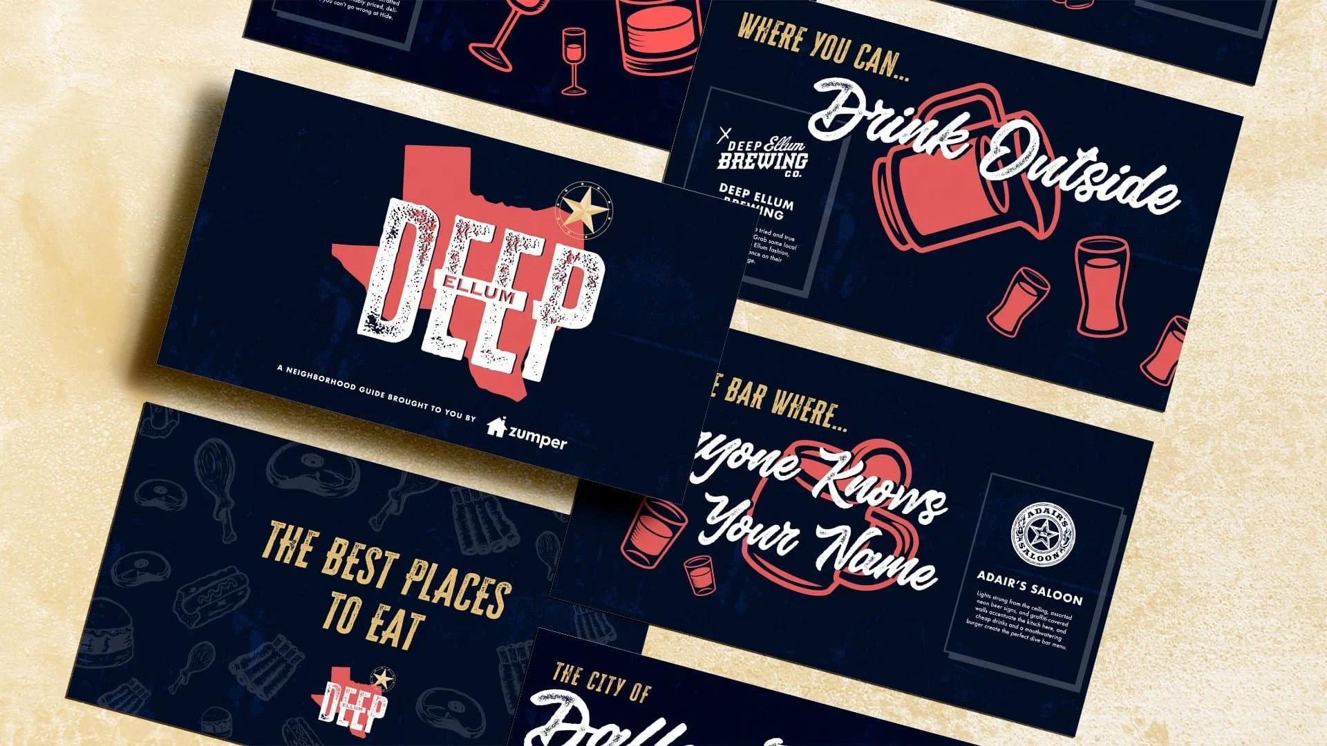 Collage of Deep Ellum-themed cards with Texas map, food, drinks, and icons for a tech company content marketing campaign.