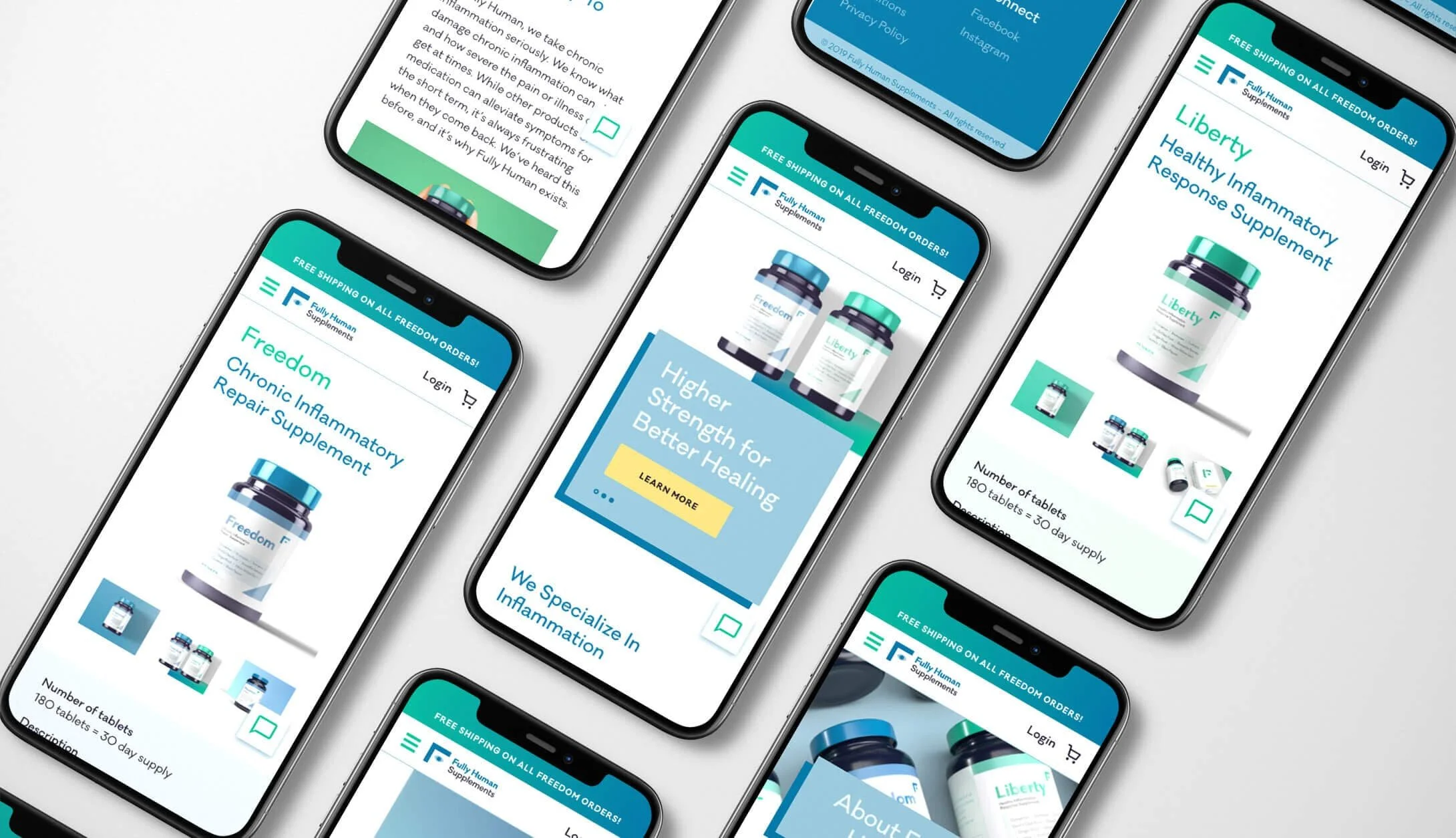 Multiple smartphones showcase a supplement website, highlighting e-commerce branding and modern website design in blue, teal, and white.