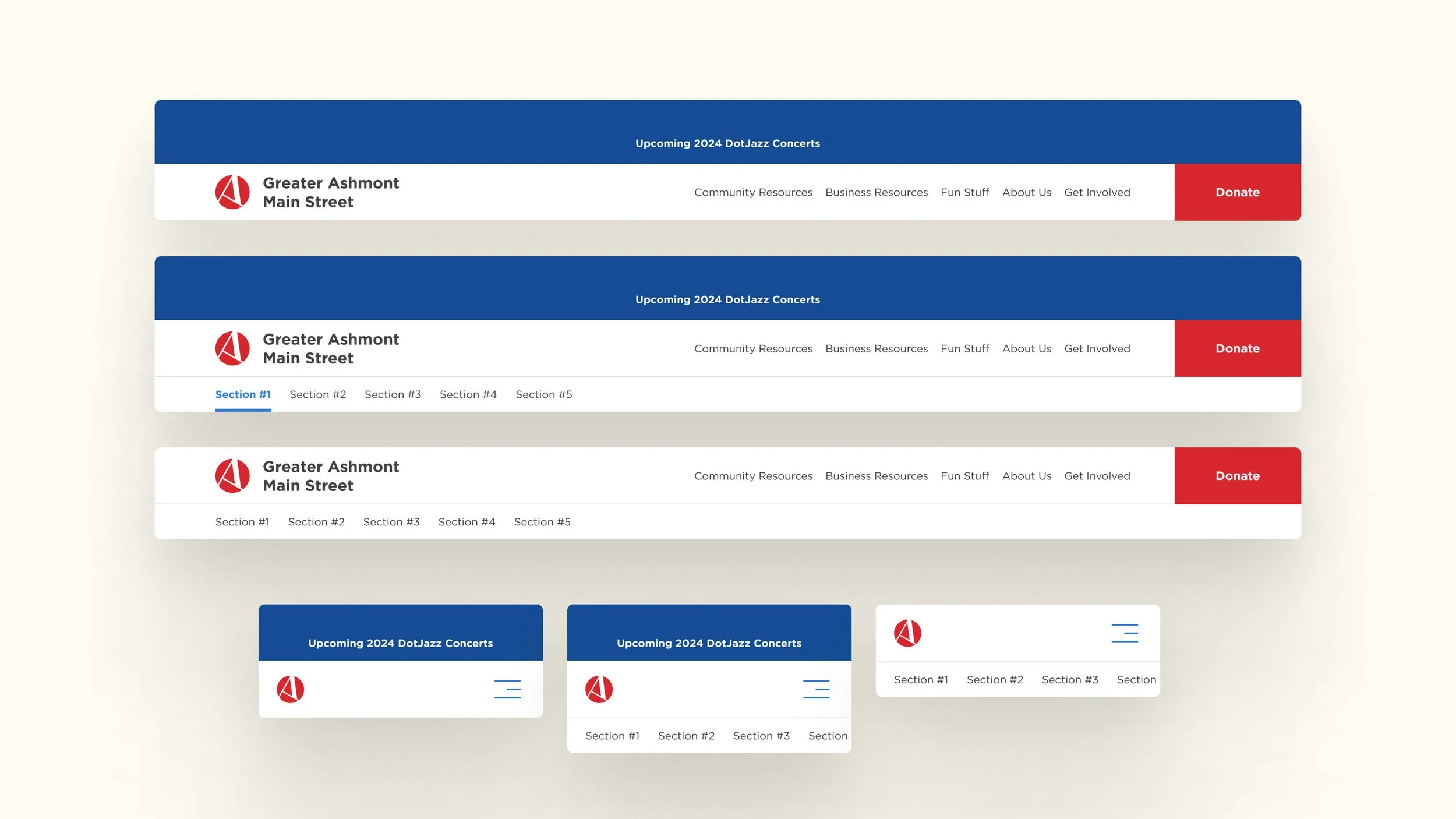 Multiple website mockups for Greater Ashmont Main Street with navigation menu, sections for upcoming concerts, and donation button on a light background.
