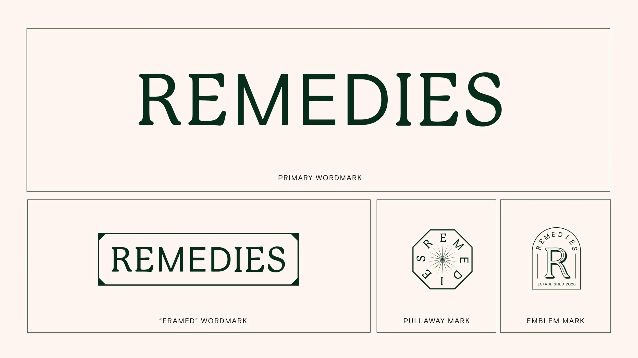 Image displaying various logo styles for the word "Remedies," including primary wordmark, framed wordmark, pullaway mark, and emblem mark, with a neutral background.
