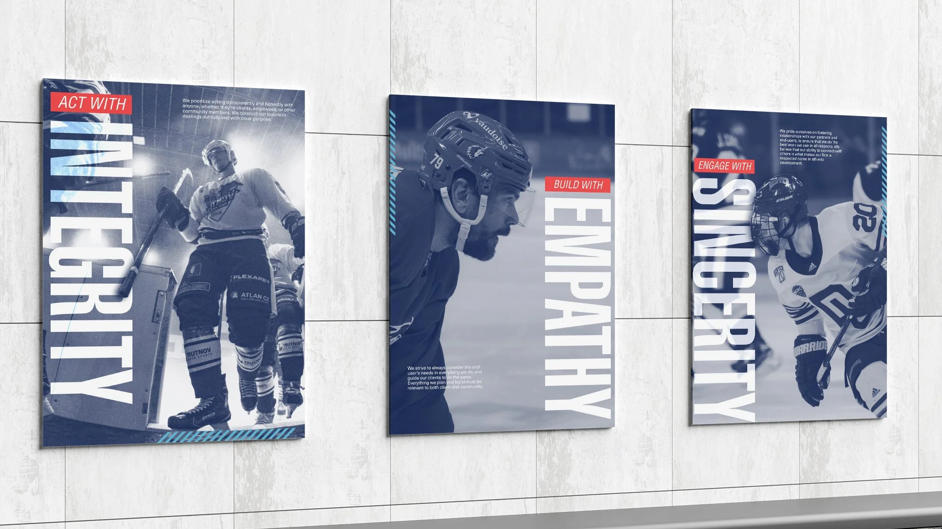 Three posters featuring hockey players and team themes, with text encouraging engagement and community involvement.