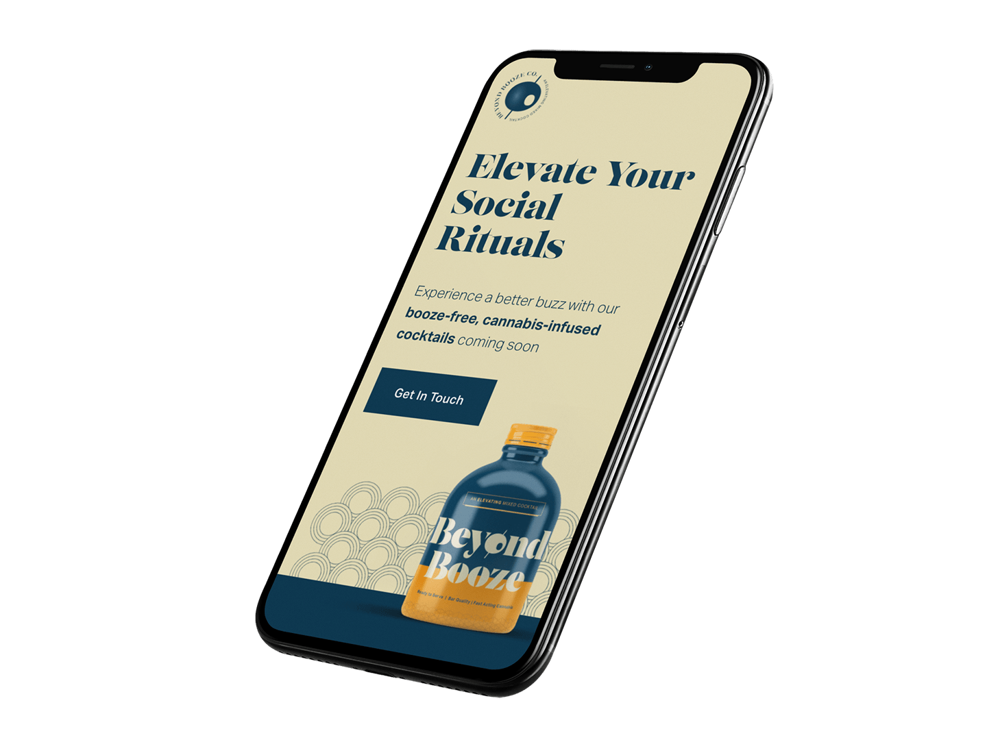 A floating mobile phone with a colorfully elegant landing page showing a cannabis CPG brand beverage with "Elevate Your Social Rituals."