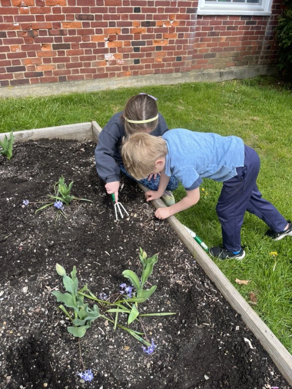 children planting in a garden with handheld tools