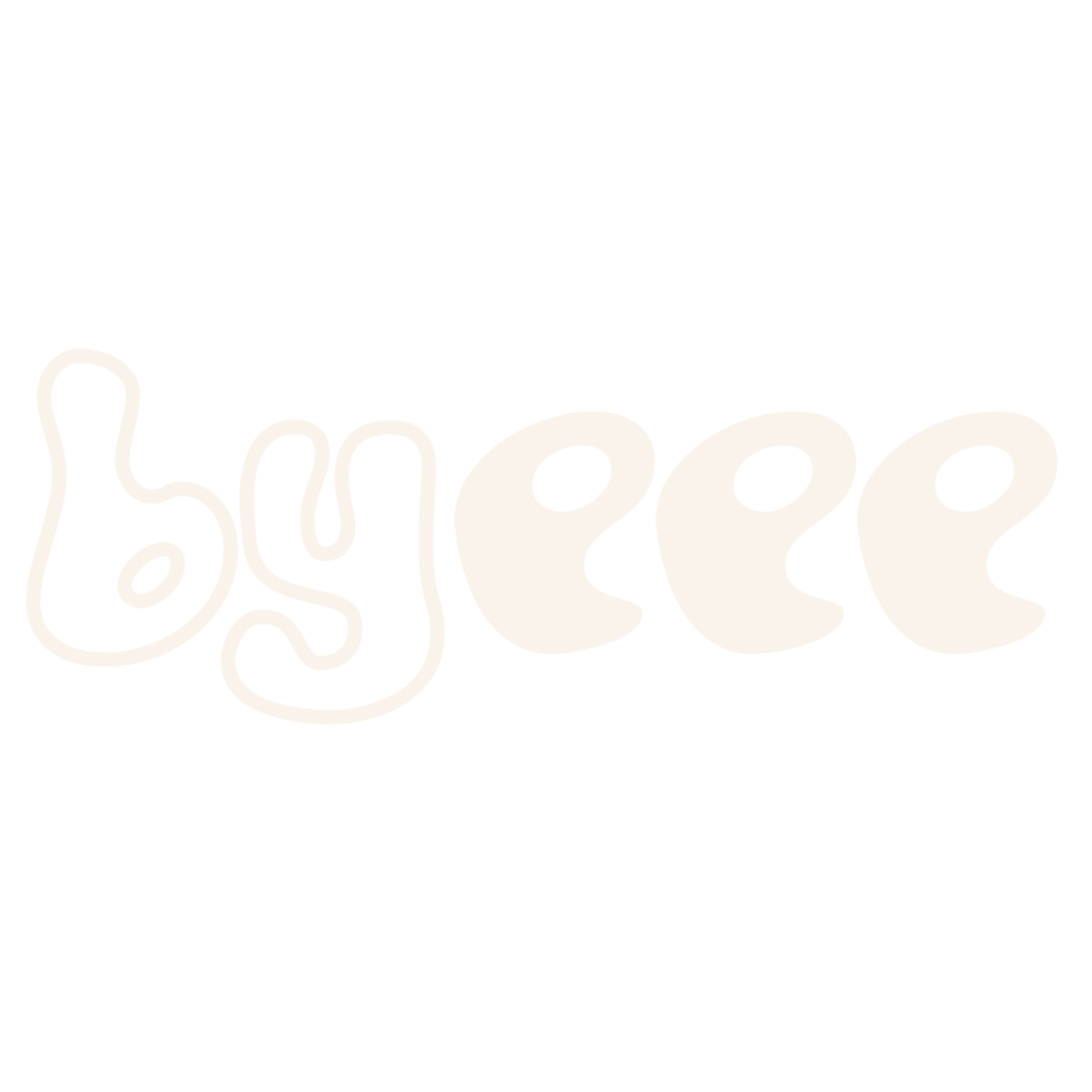 The word 'byee' written in a playful, stylized font with a black background.