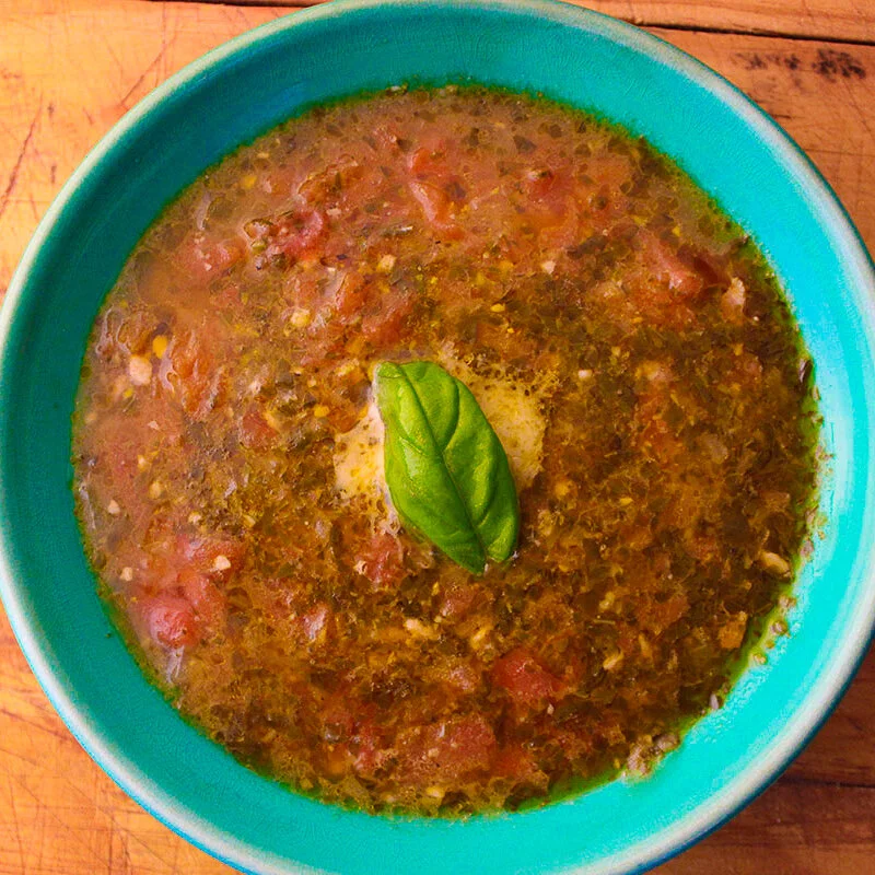 Fresh Tomato Soup with Pesto