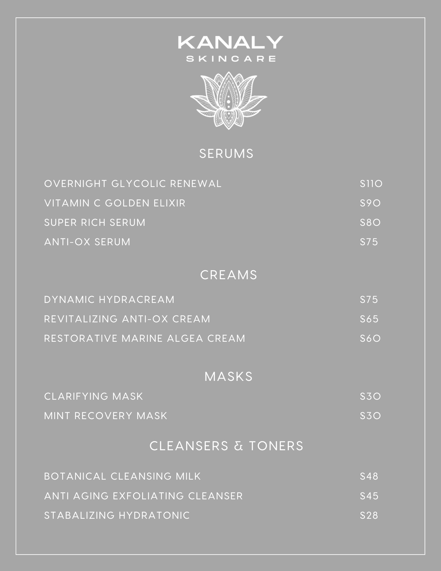 Price List — Kanaly Skincare