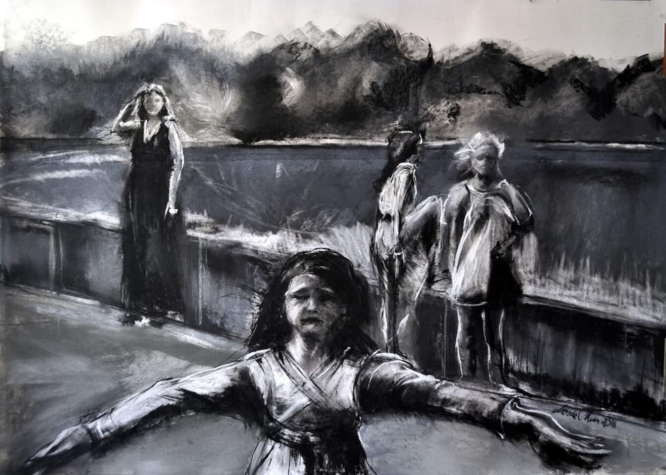 The Bridge, Charcoal and chalk on paper, 2017
