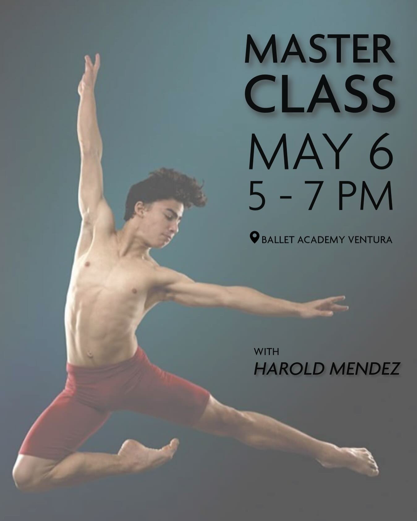 Join Ballet Academy Ventura advanced dancers, at the school of Ventura County Ballet, for an open master class with Harold Mendez on Monday, May 6 from 5-7 PM. 
📍@balletacademy_ventura
Learn more about Harold and sign up online at balletacademyventu