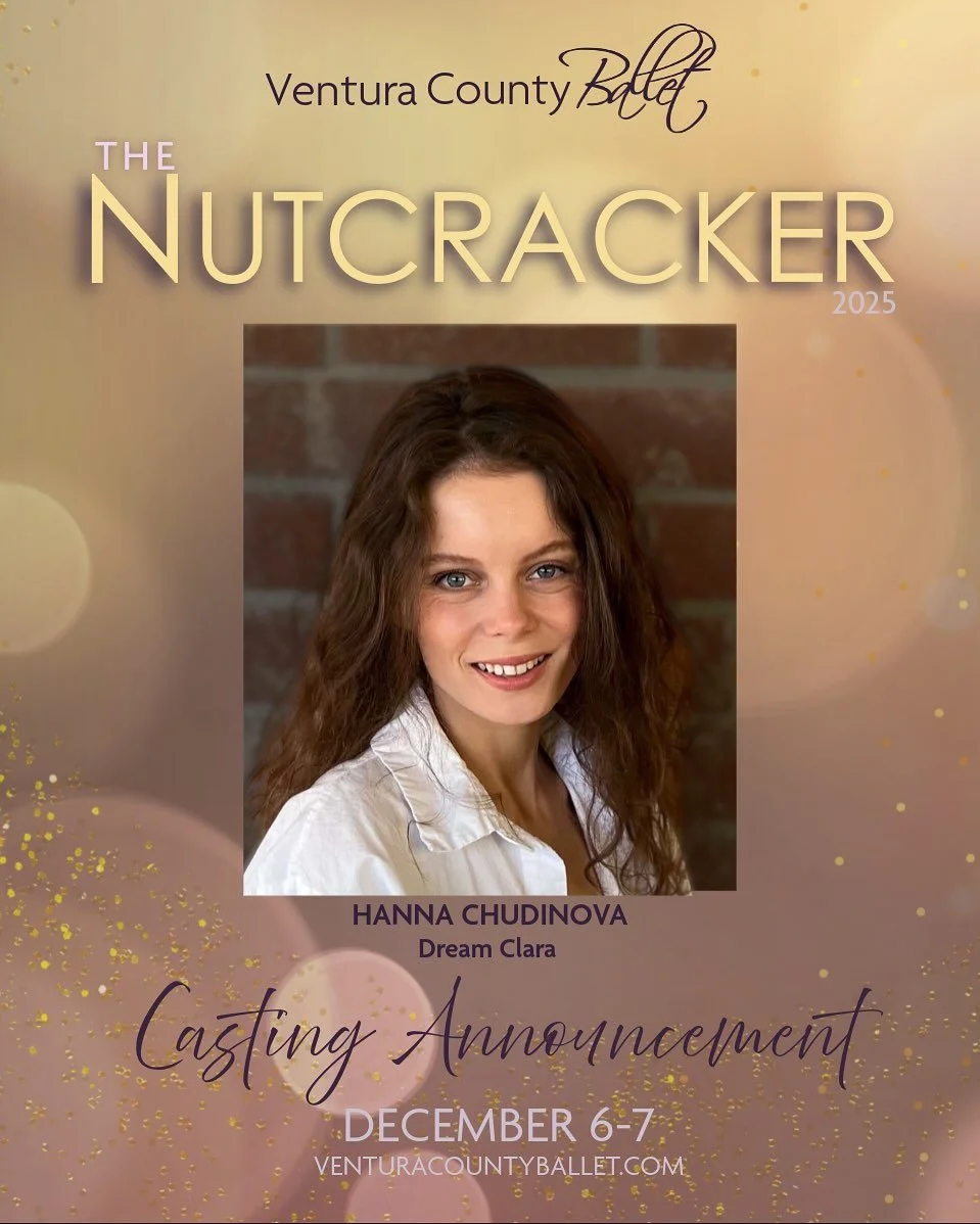✨ Cast Announcement! ✨
We are thrilled to share that Hanna Chudinova from Kyiv, Ukraine, will star in the role of Dream Clara in our 27th annual The Nutcracker!
Hanna has toured internationally and danced with leading European ballet companies includ